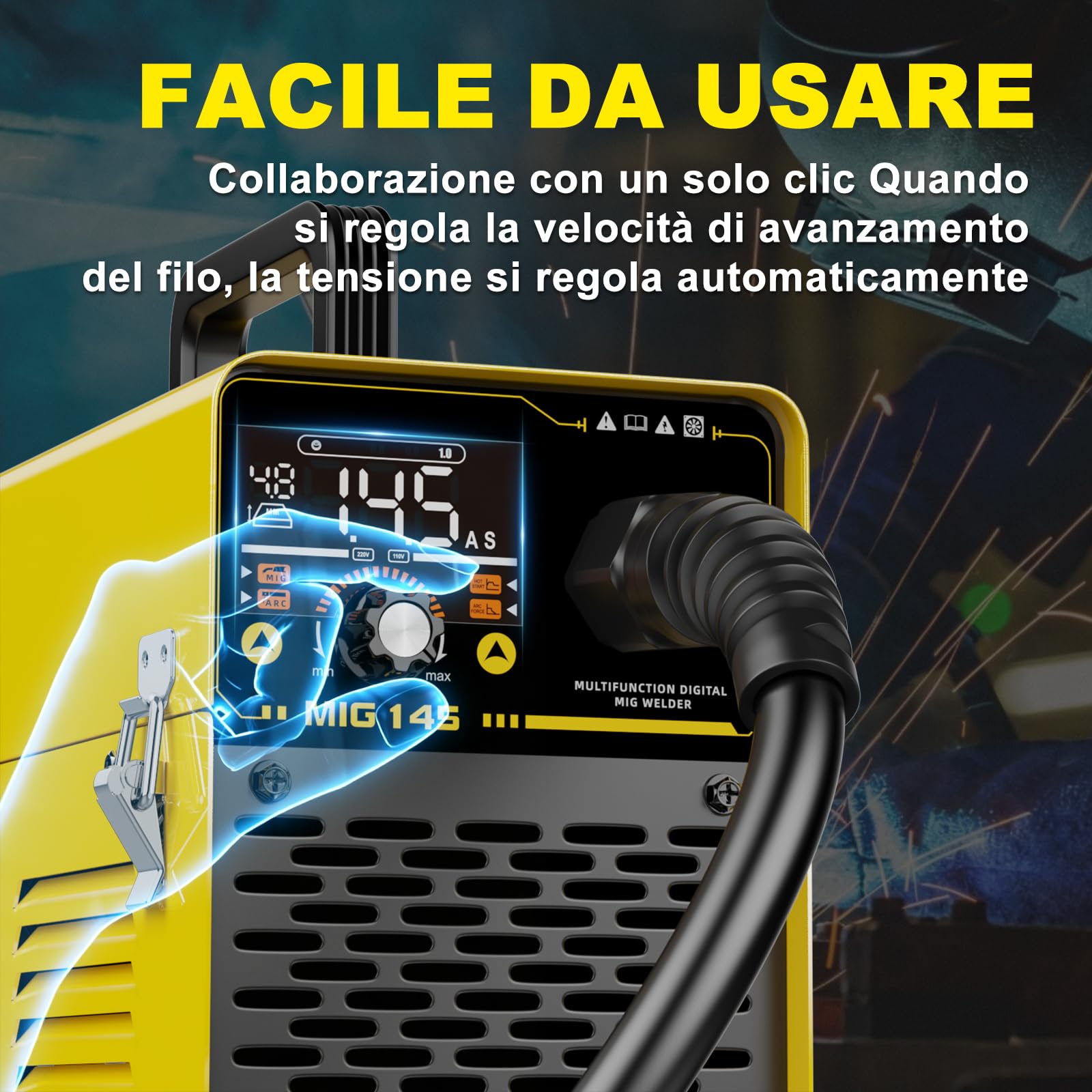 HAXIAOER 145A Saldatrice a Filo Continuo No Gas, 3 In 1 ARC/Flux MIG/MMA Lift TIG Saldatrice MIG con Luce LED, Compatta Saldatrice a Inverter, Avanzamento Filo Sinergico