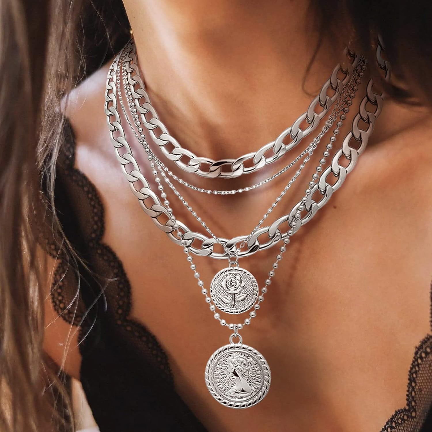 MJartoria Gold Layered Necklaces for Women Trendy Retro Birthflower Coin Pendant Necklace Dainty Chunky Chain Choker Necklaces for Jewelry Birthday Gifts - Image 2