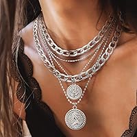 Vista 2 de MJartoria Collares de oro en capas para mujer, collar retro de moda con dije de moneda, collar de oro, cadena de eslabones gruesos, gargantilla