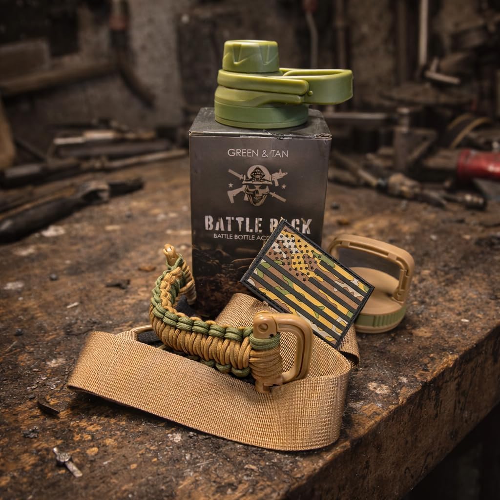 Iron Infidel Battle Pack - Accessories Kit for Battle Bottle - Water Bottle Cap Replacements for 64 Oz or 32 Oz | Wide Mouth Lid, Shoulder Strap, Paracord Handle, Morale Patch & Decal