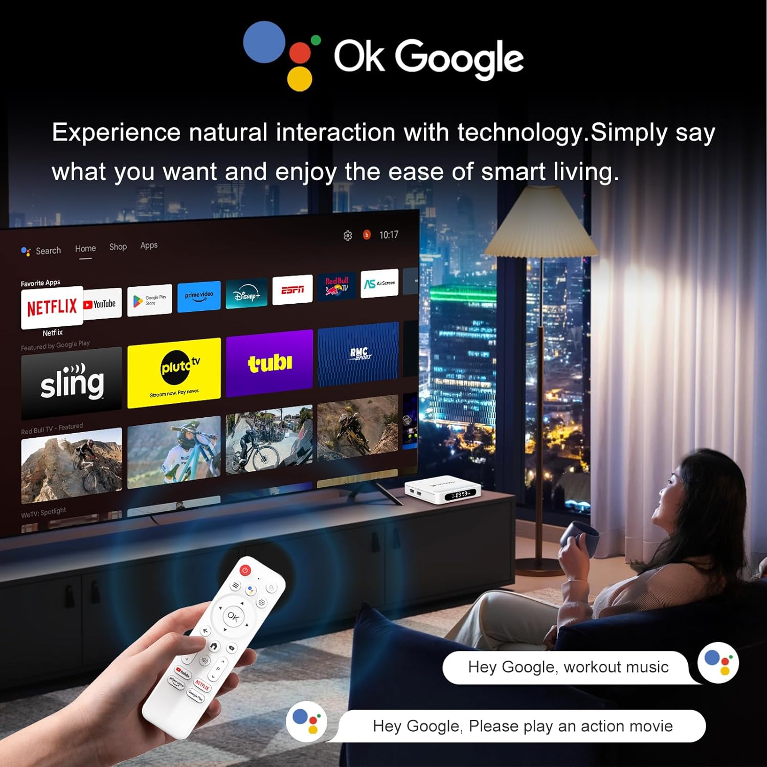 User interacting with H96 MAX H618 TV Box using voice remote