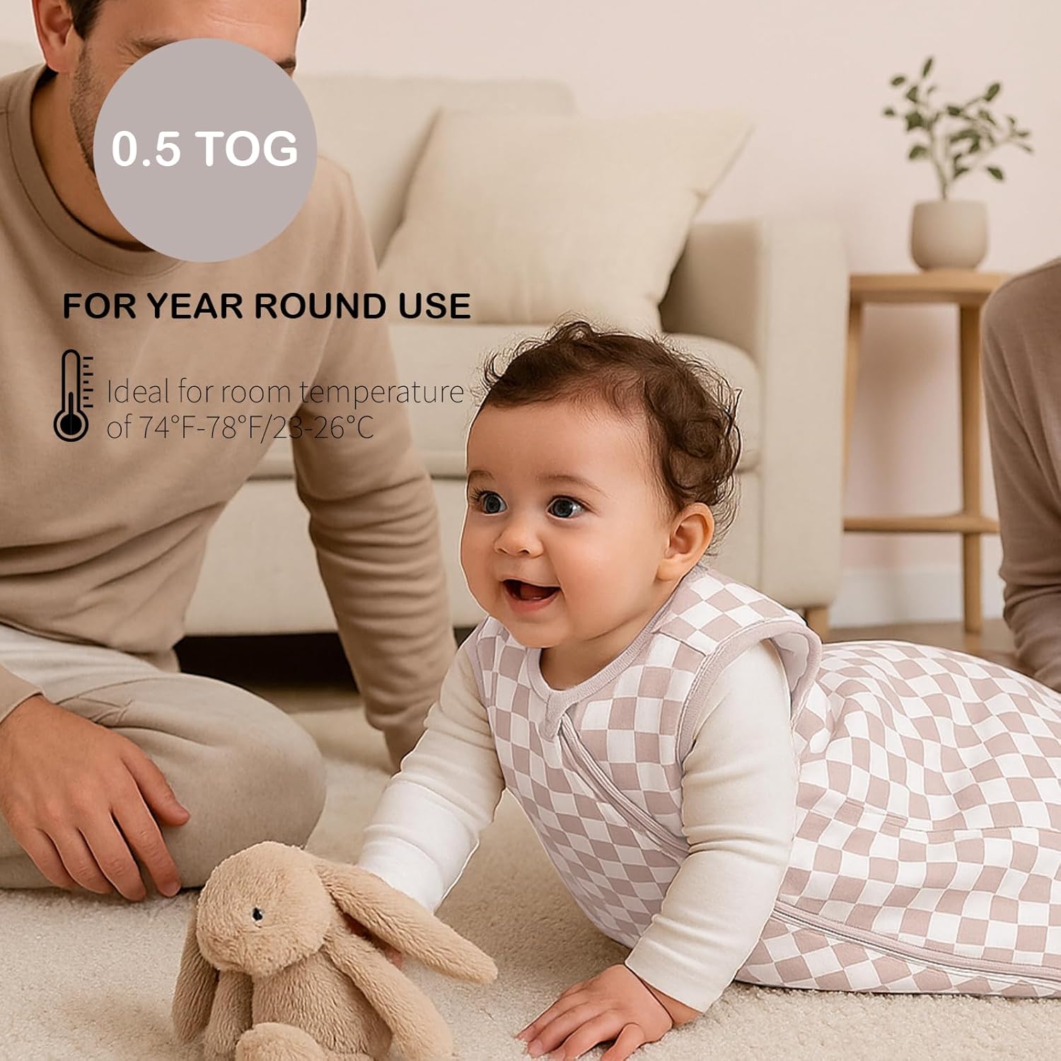 Rayon Made from Bamboo 0.5 Tog Baby Sleep Sack Newborn Sleeping Bag Sack 2-Way Zipper Checkered Infant Wearable Blanket - Image 5