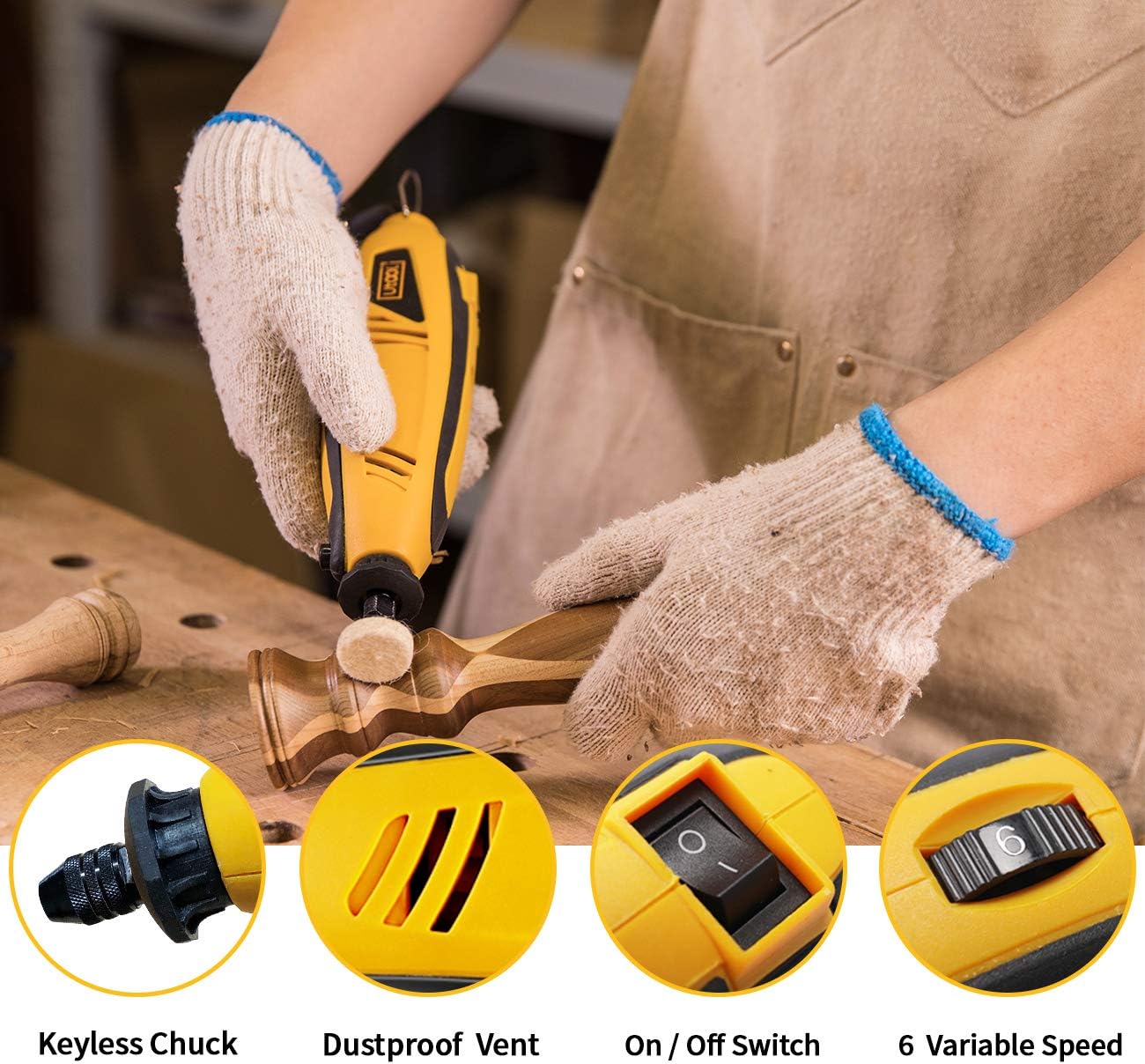 Utool Rotary Tool Kit with Flex Shaft, Keyless Chuck, Cutting Guide and 62 Accessories, 6 Variable Speed for Jewelry, Wood, DIY Crafts