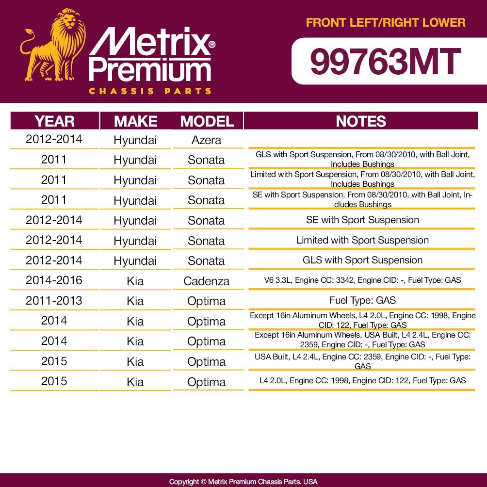 Metrix Premium Chassis Parts - Front Left & Right Lower Control Arm w Ball Joint & Bushing Assembly Kit Fits 12-14 Hyundai Azera, 11-14 Sonata, 14-15 Kia Optima USA Built, RK621592, RK622363