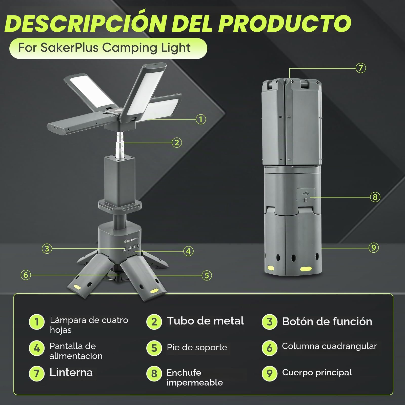 SakerPlus Linterna telescópica de camping, fuente de alimentación recargable de 14000 mAh, lámparas magnéticas regulables de 6000 lúmenes, iluminación de trabajo