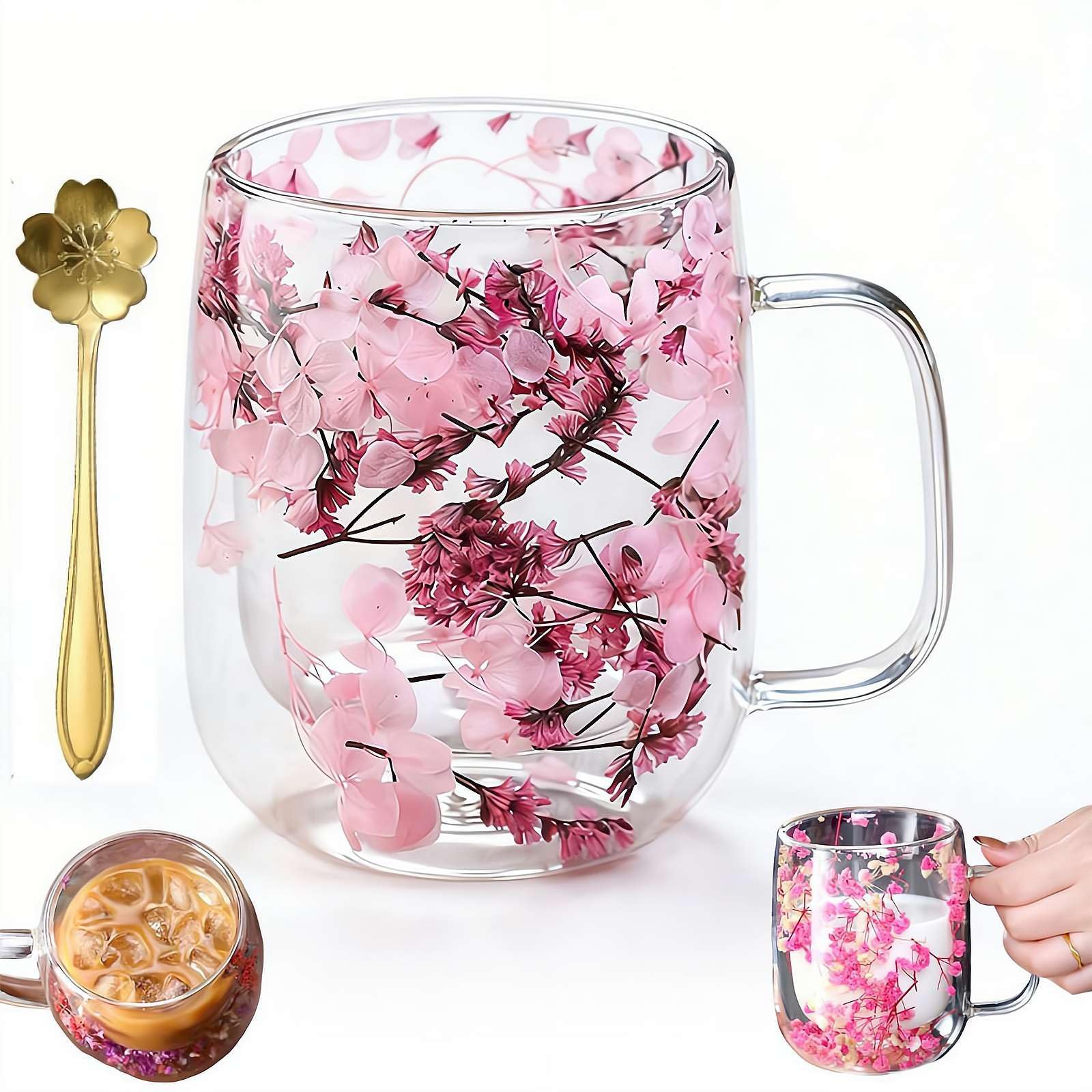 Double Wall Flower Glass Coffee Mugs, 15 oz Aesthetic Dried Flowers Cups with Handles, Cute Glass Tea Cups Birthday Valentine 's Day Gifts for Women Friend Teacher Mum