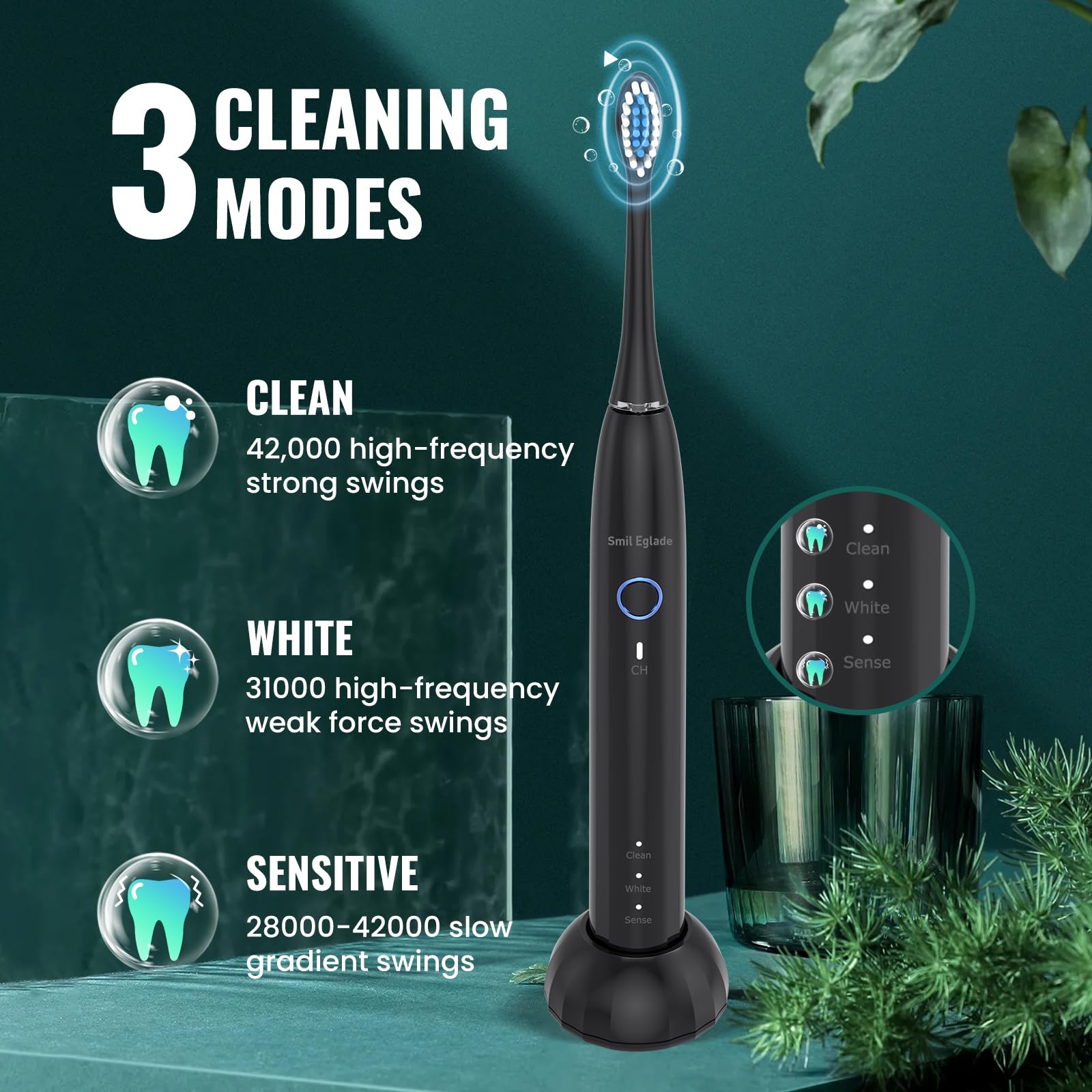 NBGRLVS Spazzolino elettrico ricaricabile Sonic per adulti con 4 testine, 3 modalità, timer intelligente da 2 minuti e ricarica rapida di 6 ore, perfetto per viaggi e facile cura dentale (nero)