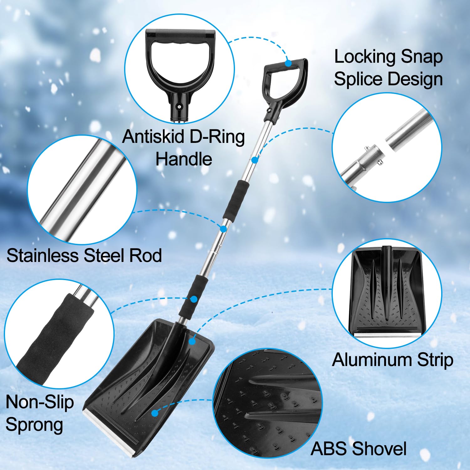 LESOLEIL Pala da neve per vialetto auto, kit 3 in 1 pala da neve portatile con raschietto per ghiaccio e spazzola da neve, rimozione del ghiaccio da neve, per giardino, campeggio, auto e emergenza