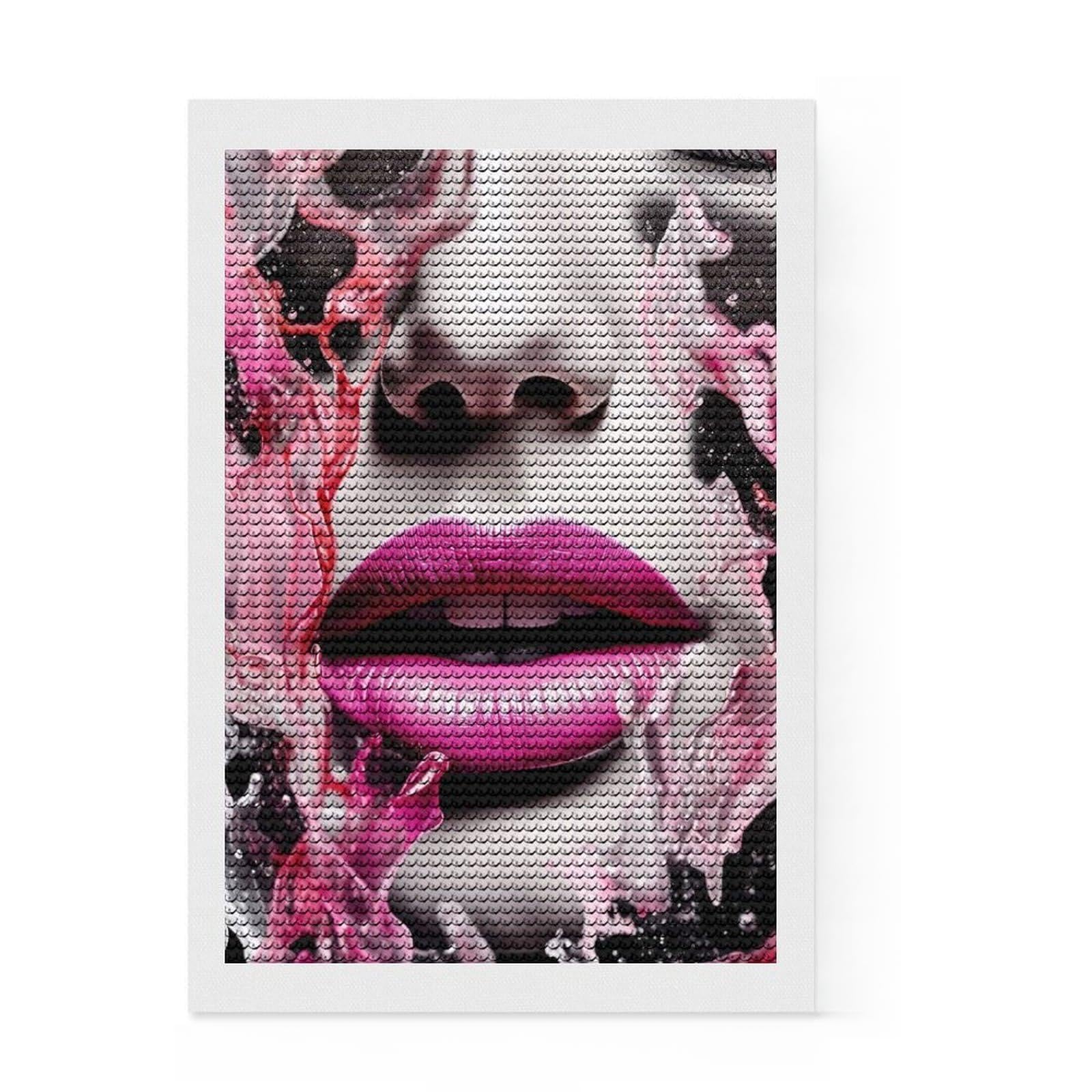 Junmoney Pink Fashion Lips Diamond Painting Set 8"x12", for Beginners, Neat Printed Canvas, Holiday Gift Idea, Farmhouse Decor, Printed Canvas