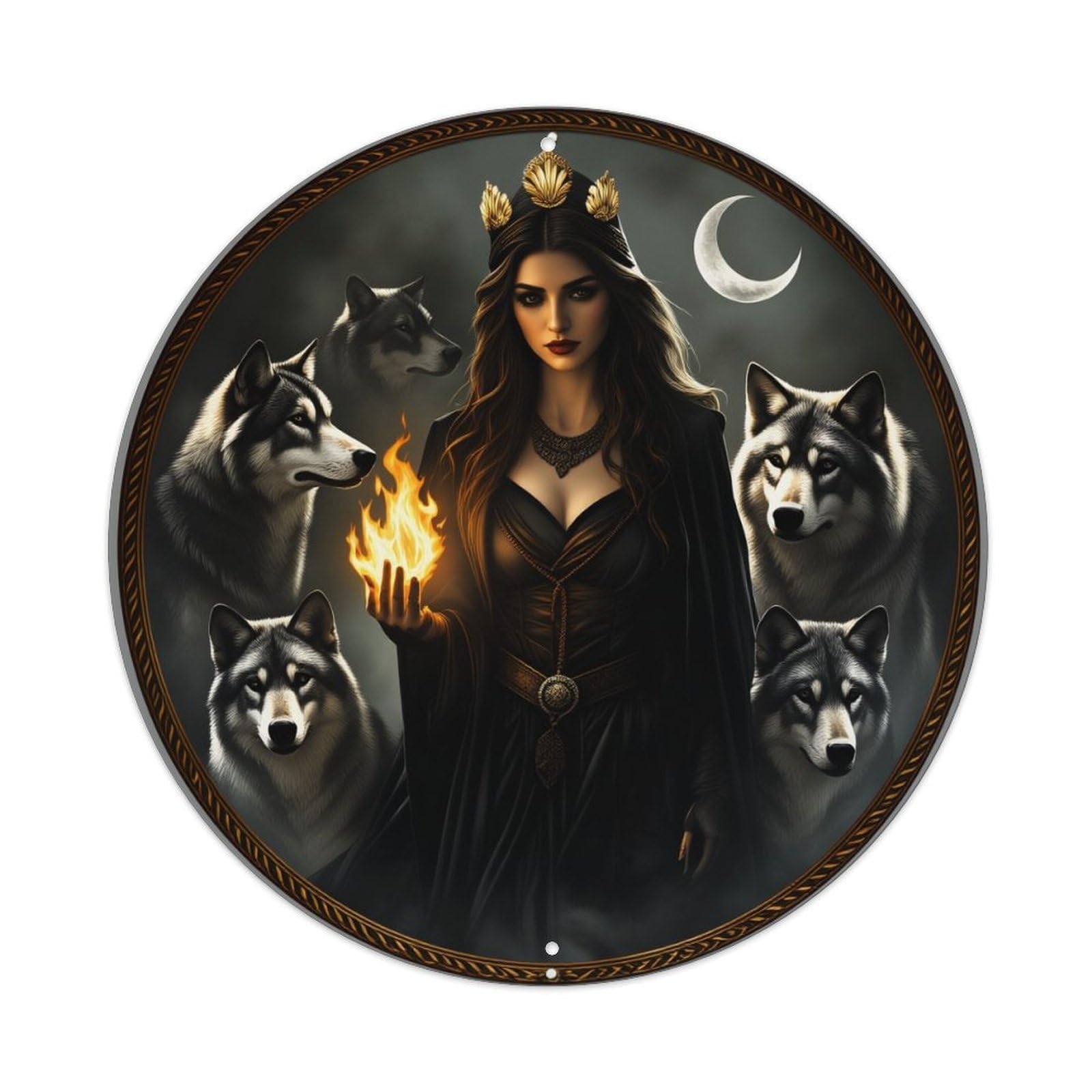 Wmlzdnwr Vintage Mystic Queen With Wolves And Fire Moon Background Round Tin Sign,Retro Wall Art,Metal Poster For Home, Bar, Garage, Cafe, Rustic Indoor & Outdoor Decor, 8X8 Inches
