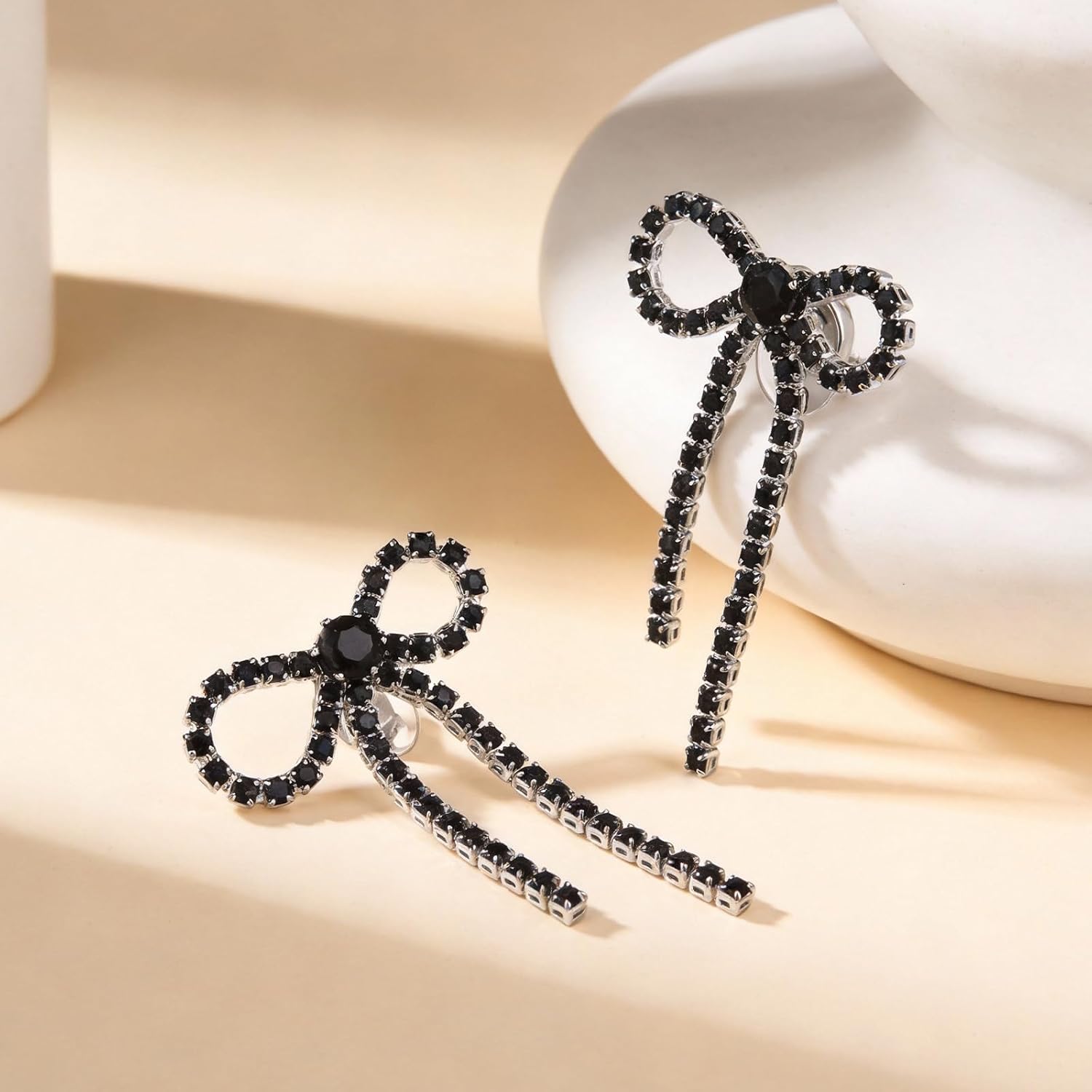 Clip On Bow Earrings for Women Black Rhinestone Bowknot Dangle Earrings Non Pierced Sparkly Statement Jewelry for Evening Party Wedding Guest Cocktail Outfits