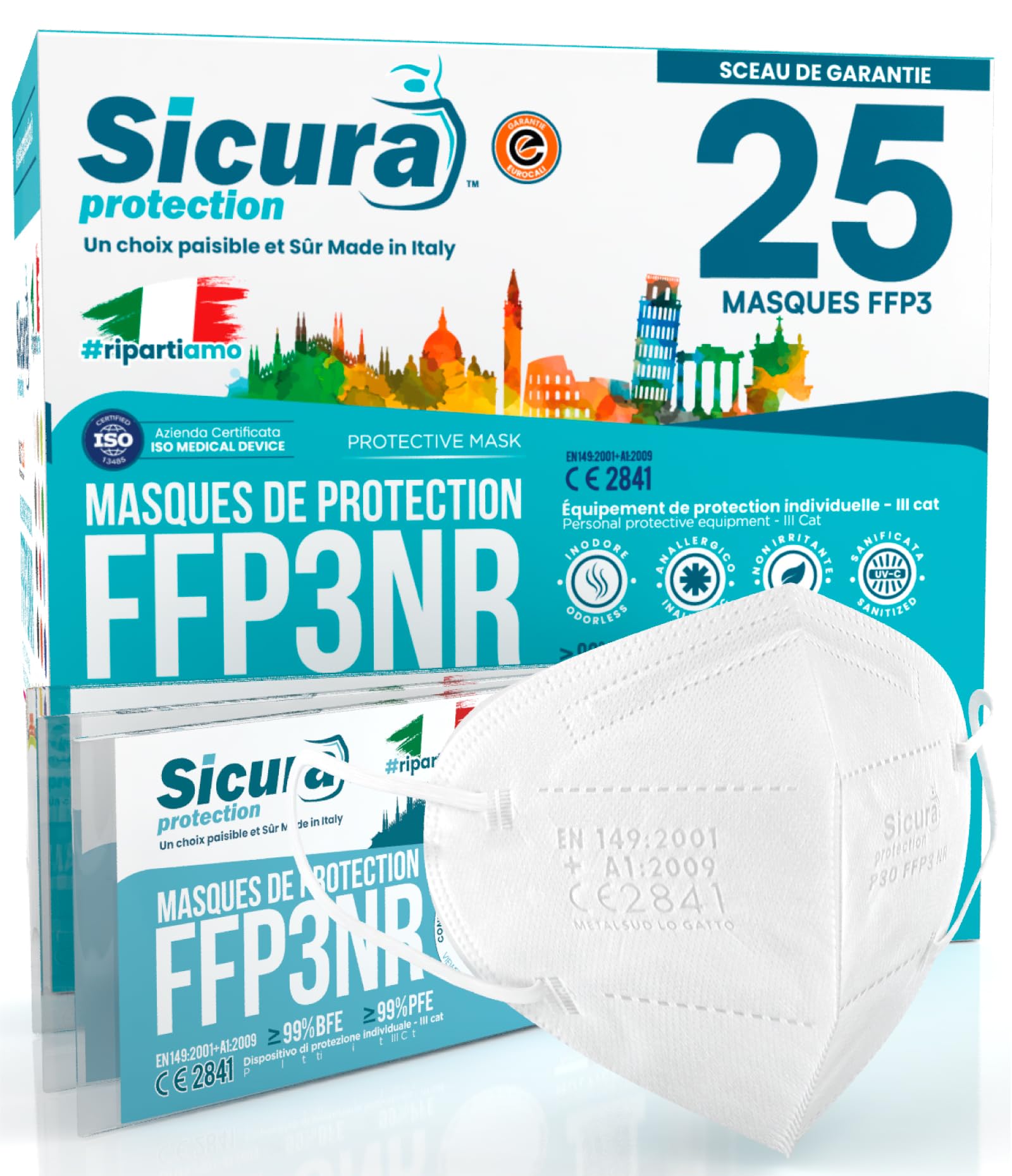 25x Masques FFP3 certifié CE fabriqué en Italie Haute Filtration Plus élevée BFE ≥99% PFE≥99% Masques 25 pièces Scellés Individuellement UV-C Désinfectez Dispositif Médical