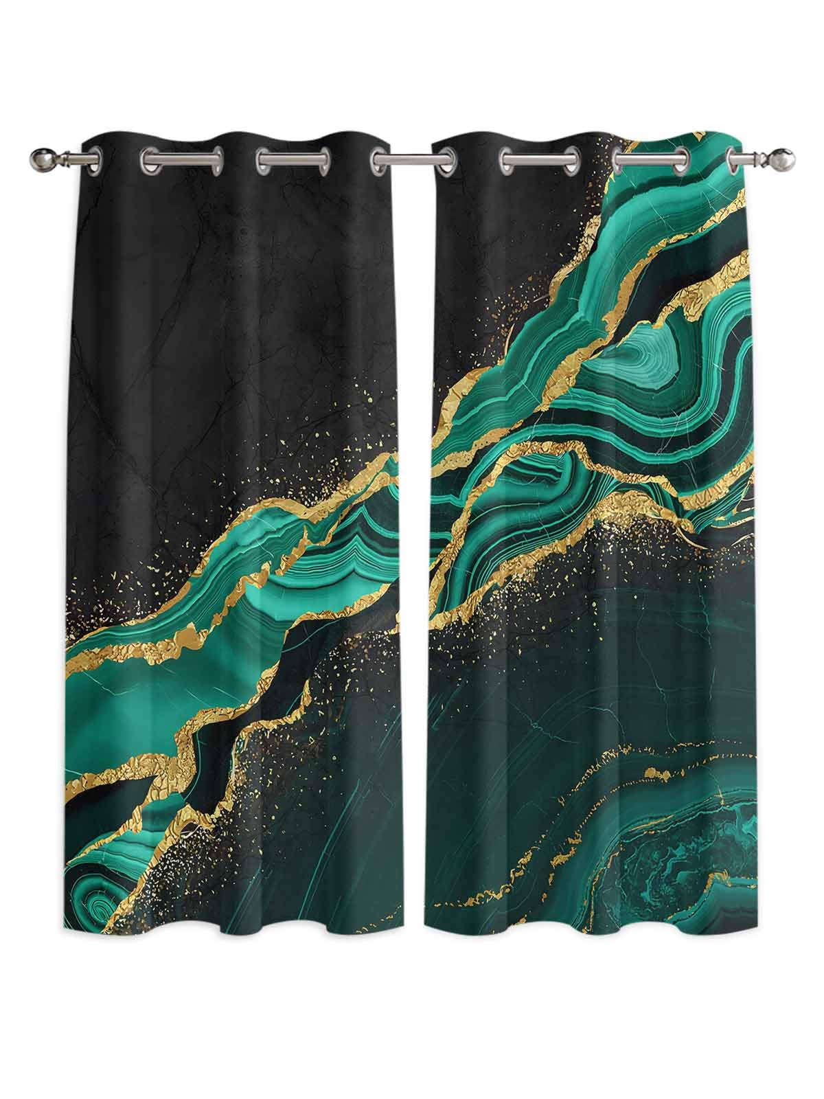 Green Marble Window Curtains Panels with Silver Grommet,Gold Abstract Vintage Modern Ombre Art Kitchen Cafe Curtain Draperies Window Treatment Set for Living Laundry Room/Bedroom/Bathroom/Cafe,84x84