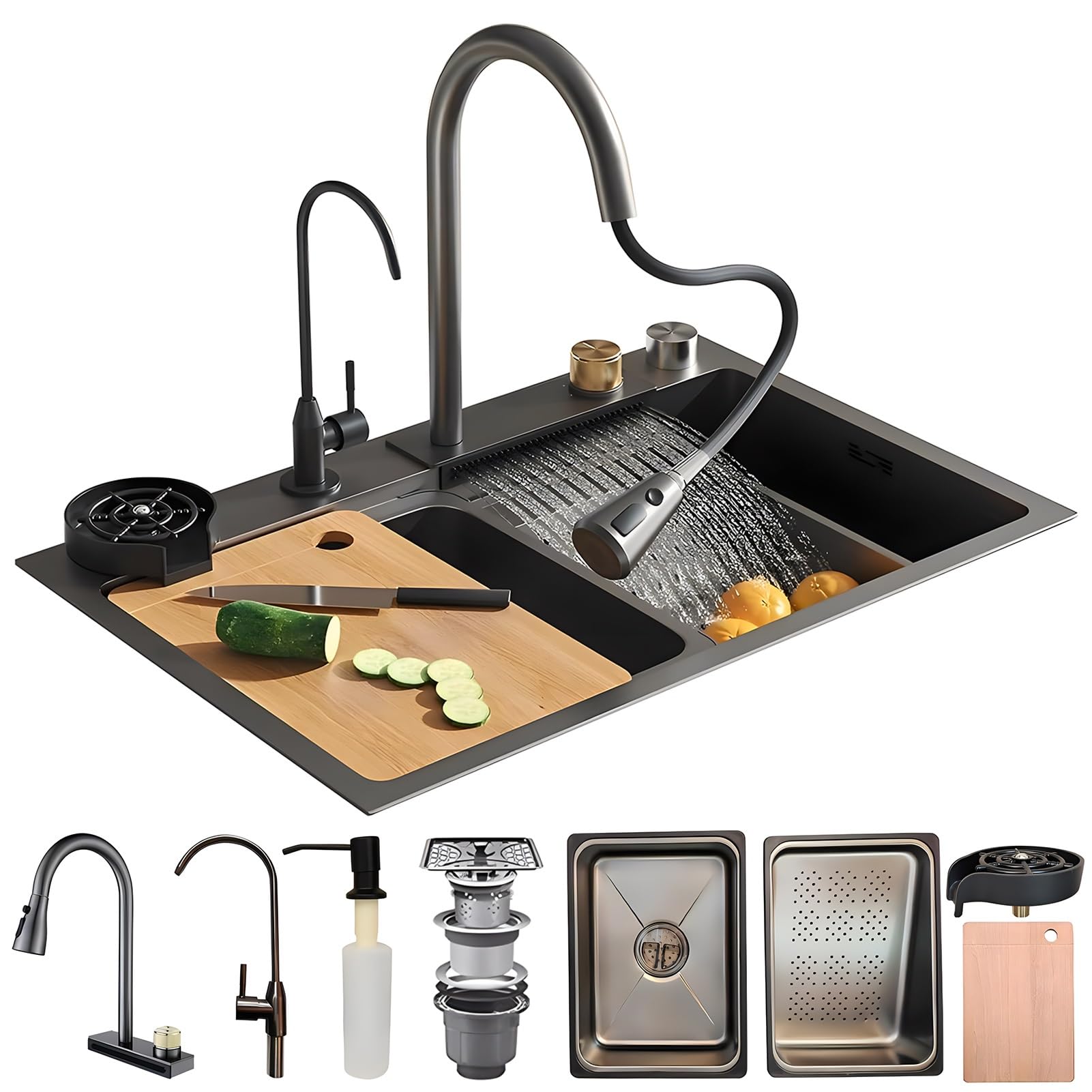 CZYWKDDPP Stainless Steel Waterfall Combo With Pull-Out Faucet Nano-Coated Topmount Single Bowl Workstation Accessories, Pressure Pot Washer, Cutting Board, Draining Basket(Black-Grey B,8