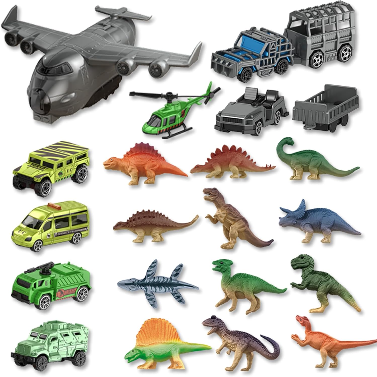22 Pieces Military Toy Set for Kids 3+, Dinosaur Figures & Army Vehicles, STEM Toys Imaginative Play with Car & Airplane Toys, Educational Learning Toy for Boys Girls, ASTM Certified