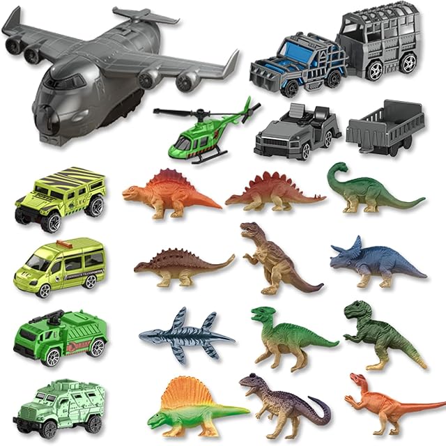 Dinosaur Toys Plastic Mini Dinosaur Figure Toy Set for Kids 3+ | 22 PCS Dinosaur Playset with Planes, Helicopter, Die-Cast Vehicles, Educational Learning Toy for Boys, Gift for Dino Lovers
