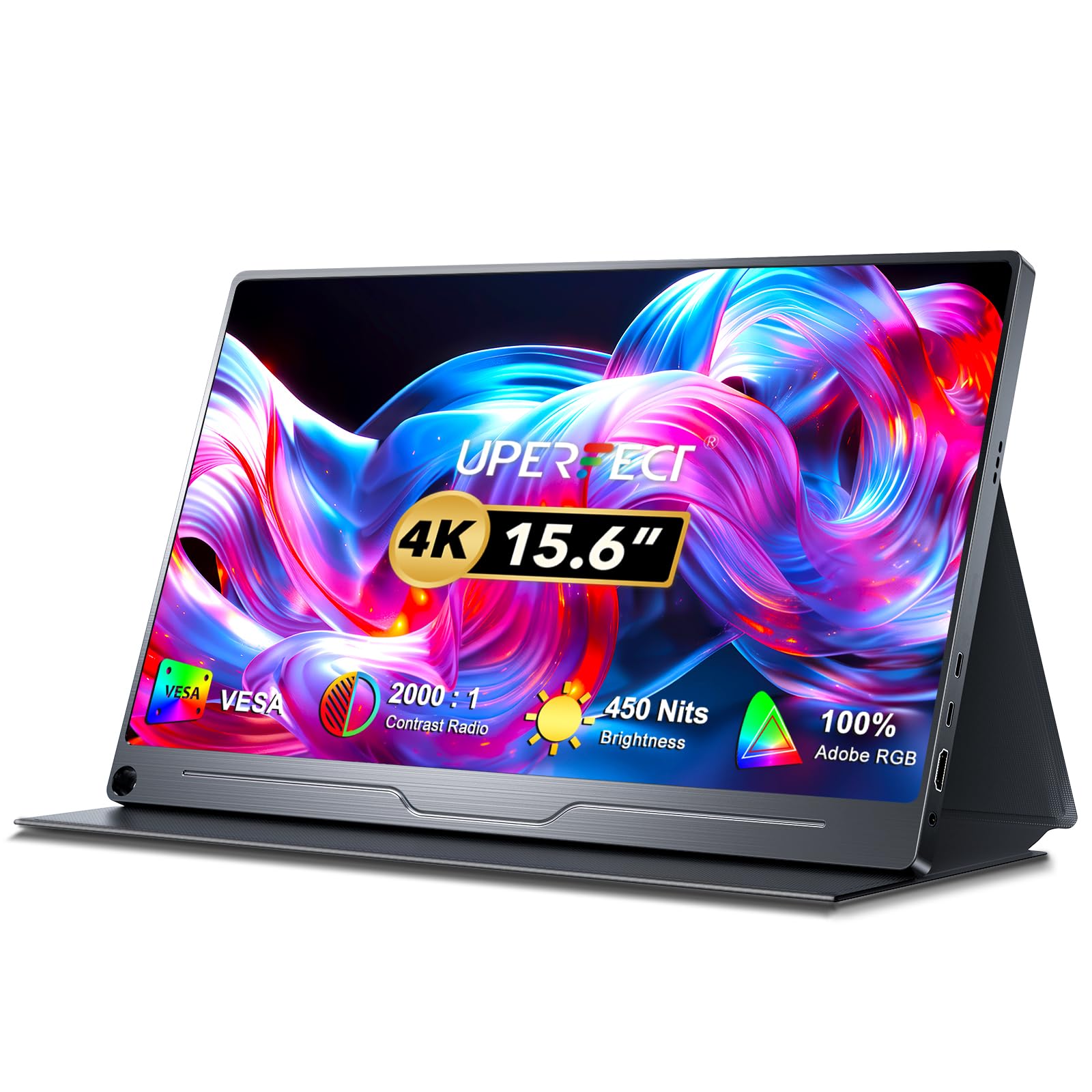 UPERFECT Przenośny monitor 4K 15,6 cala z wyświetlaczem IPS 3840 x 2160 UHD IPS HDMI USB C OTG matowy ekran do komputera, laptopa, telefonu komórkowego, PS4/5, Xbo, Switch, fotografów, edytorów wideo