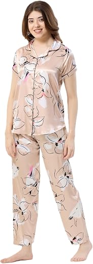 Kattly Women’s Night Suit || Cute Printed Pajama Set with Half Sleeve Top &amp; Pants || Soft Satin Loungewear