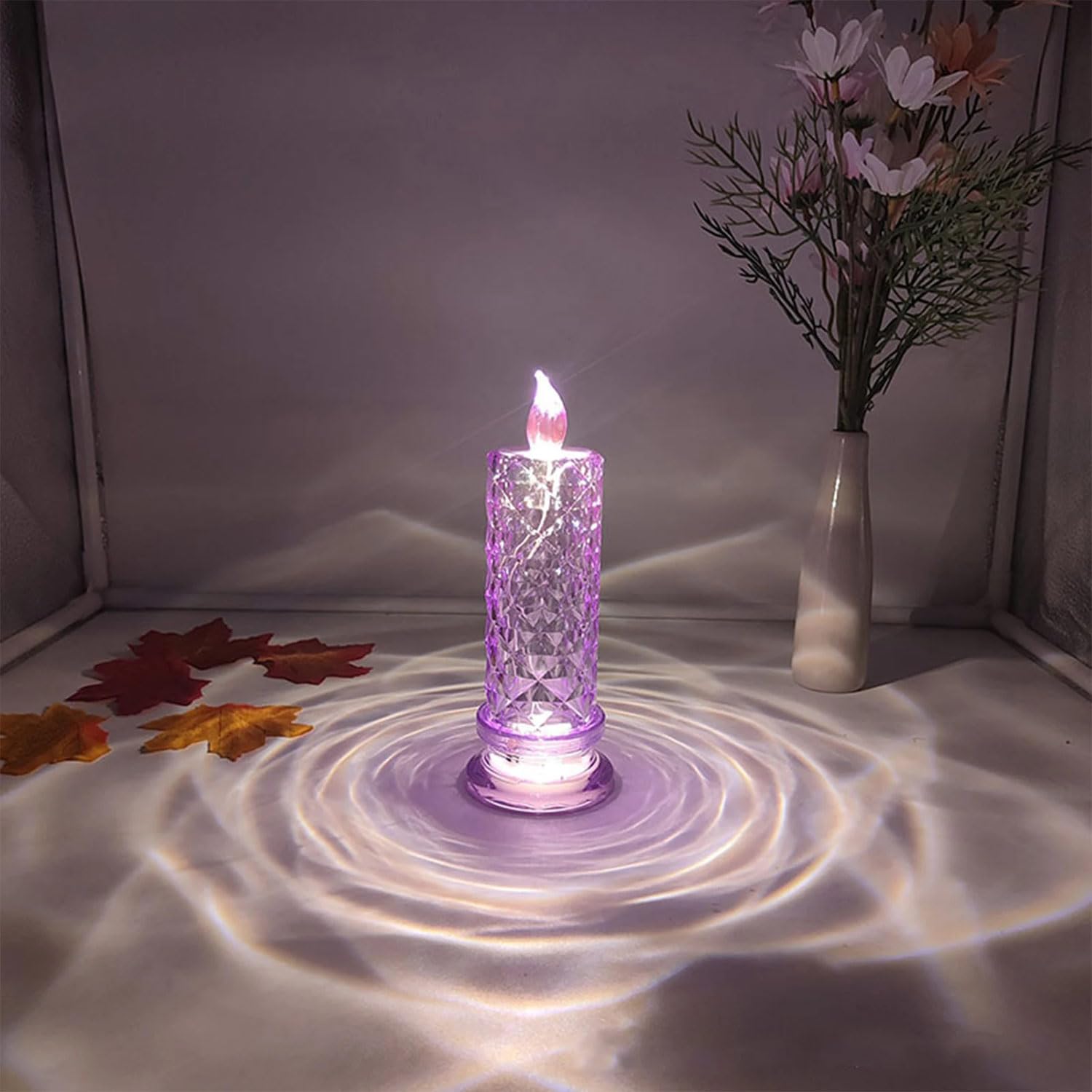 Realistic LED Candle Lights with Rose Shadow, Battery Operated Pillar Candles for Halloween, Christmas, Weddings & Festivals (Purple)