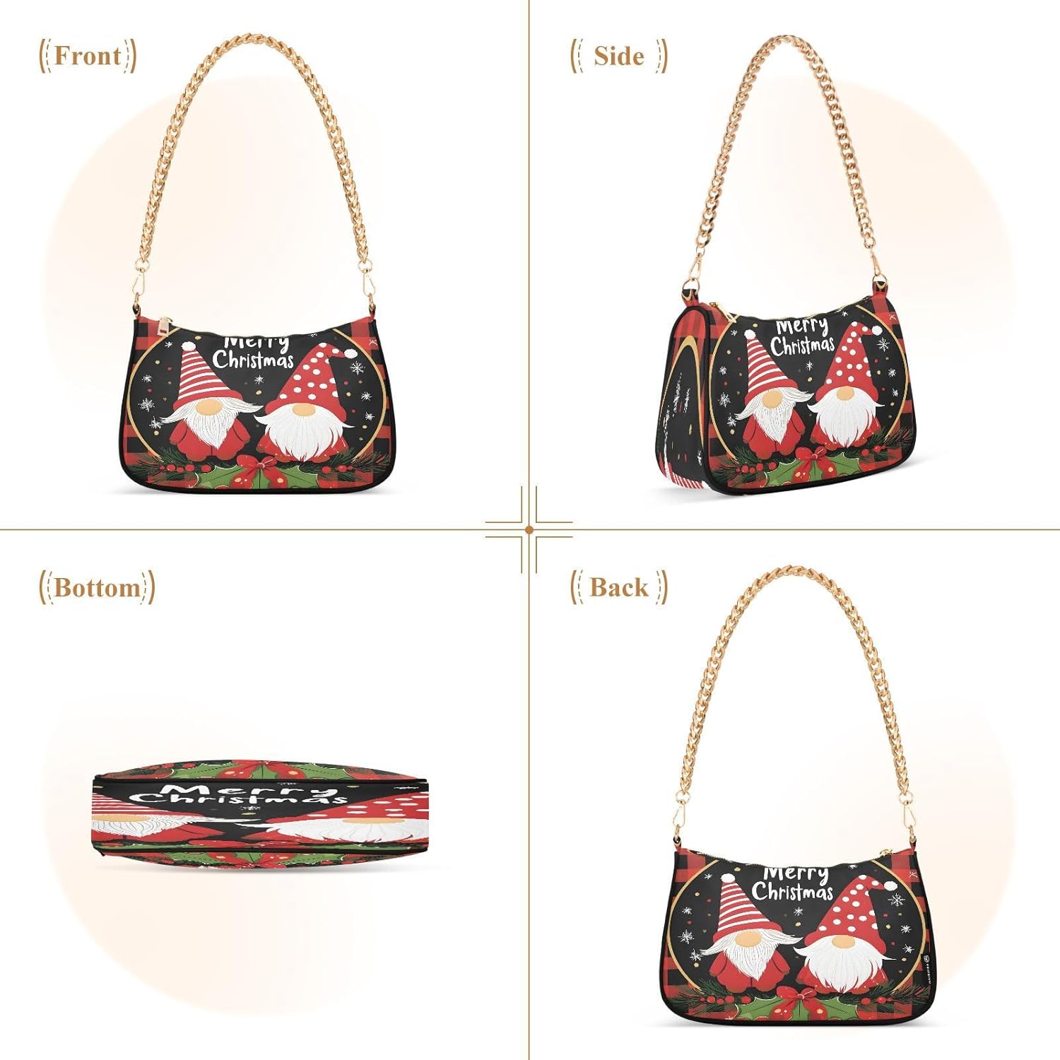 Christmas Gnome Plaid Snowflake Red Black Chain Shoulder Bag Hobo Tote Handbag Mini Clutch Purse with Zipper Closure for Women