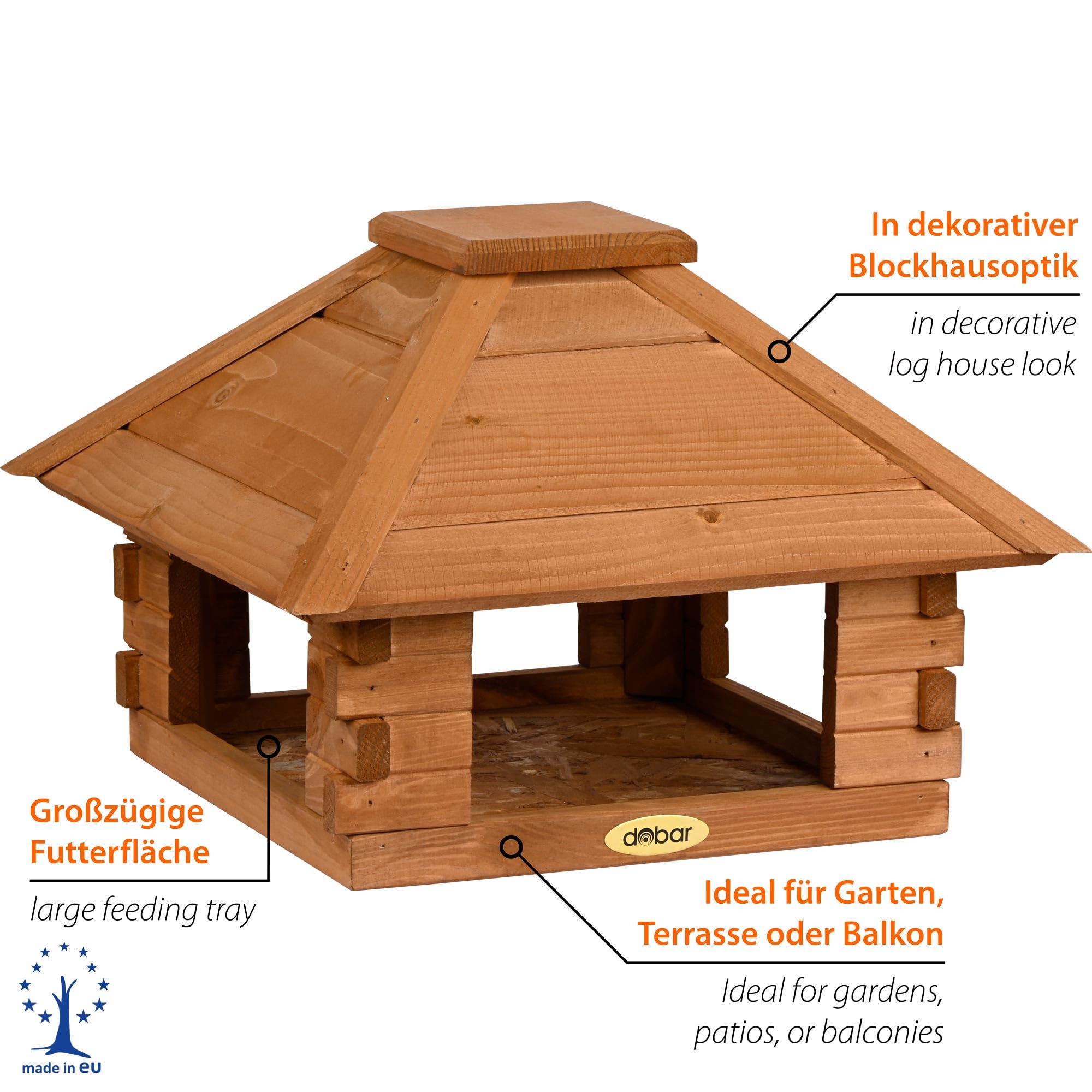 dobar® Vogelhaus Blockhaus 4-eckig mit Holzdach - Vogelfutterhaus aus Holz wetterfest lasiert - Futterstation für Wildvögel stehend für Ständer - Braun
