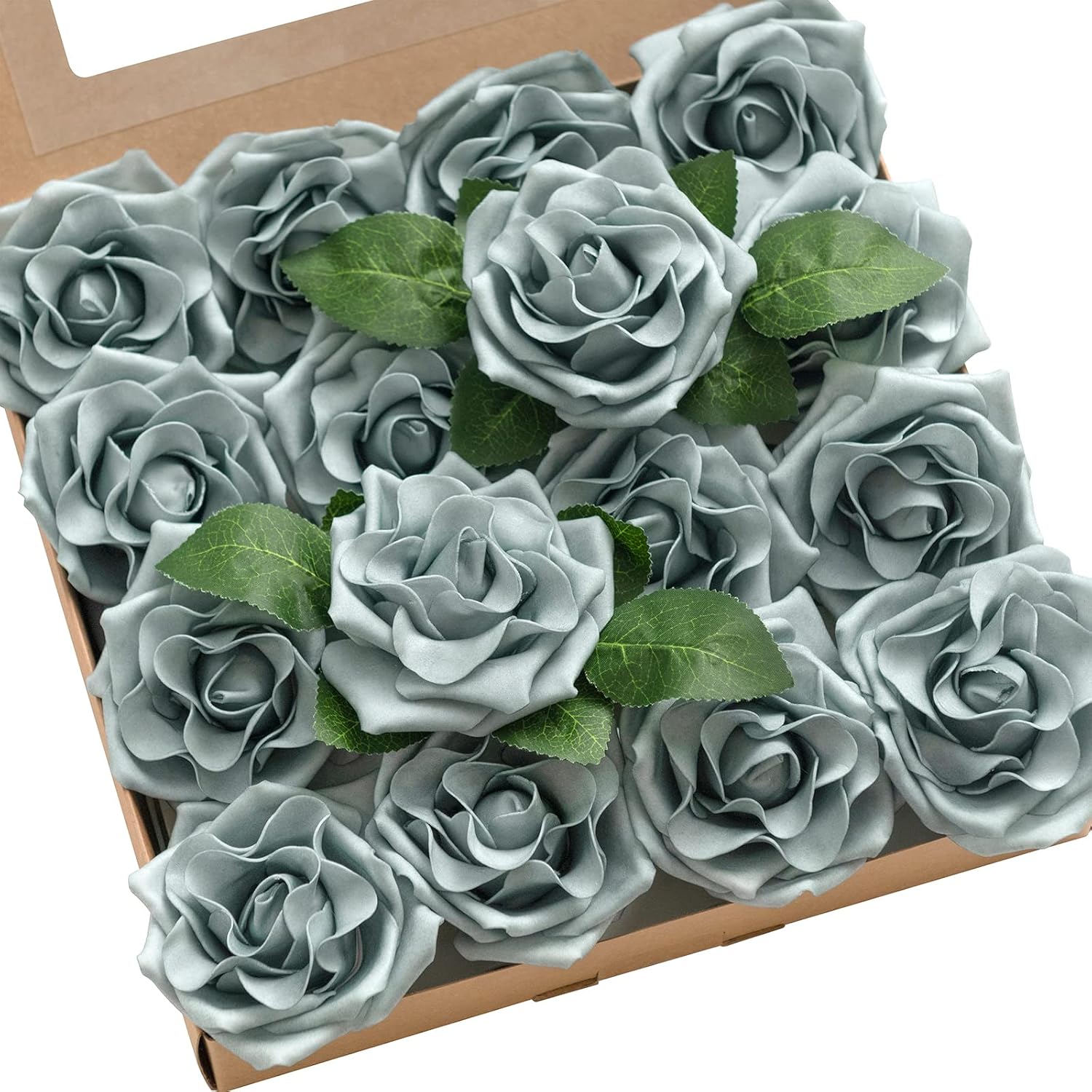 Ling's Moment Artificial Flowers Dusty Blue Avalanche Rose 16pcs 3.5" Fake Roses w/Stem for DIY Wedding Decor Centerpieces Arrangements Bouquets