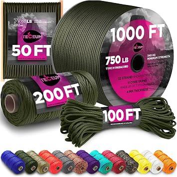 TECEUM 5/32" Paracord Rope 1000 1000ft / 200ft / 100ft / 50ft Tactical Parachute Cord 4mm 45+ Colors Nylon String for Survival & Camping Gear Stripe Cord for Survival Utility Rope