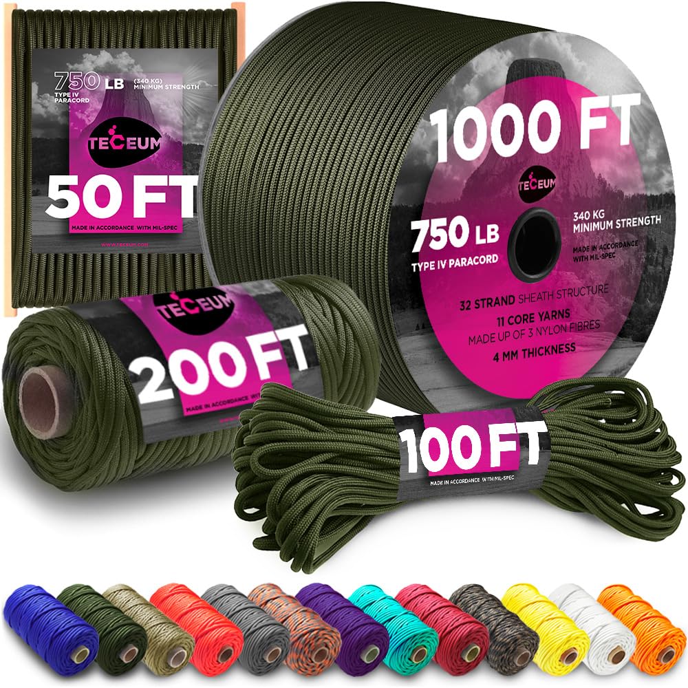 TECEUM Paracord Type IV 750 lb Army Green – 30 m – 4mm – 100% Nylon Strong Tactical MIL–SPEC Parachute Cord – Survival Rope Emergency 11 Strands Core Camping Hiking Military Gear(100ft) 010a