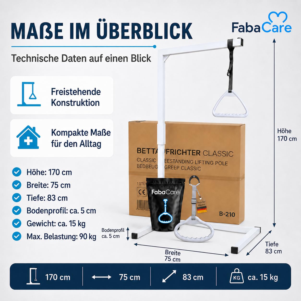FabaCare Bettgalgen freistehend bis 130 kg Körpergewicht zusätzlichem extra Griff für kleine Hände | mobiler Galgen für normales Bett | Aufrichthilfe, Bettgriff, Bettaufrichter