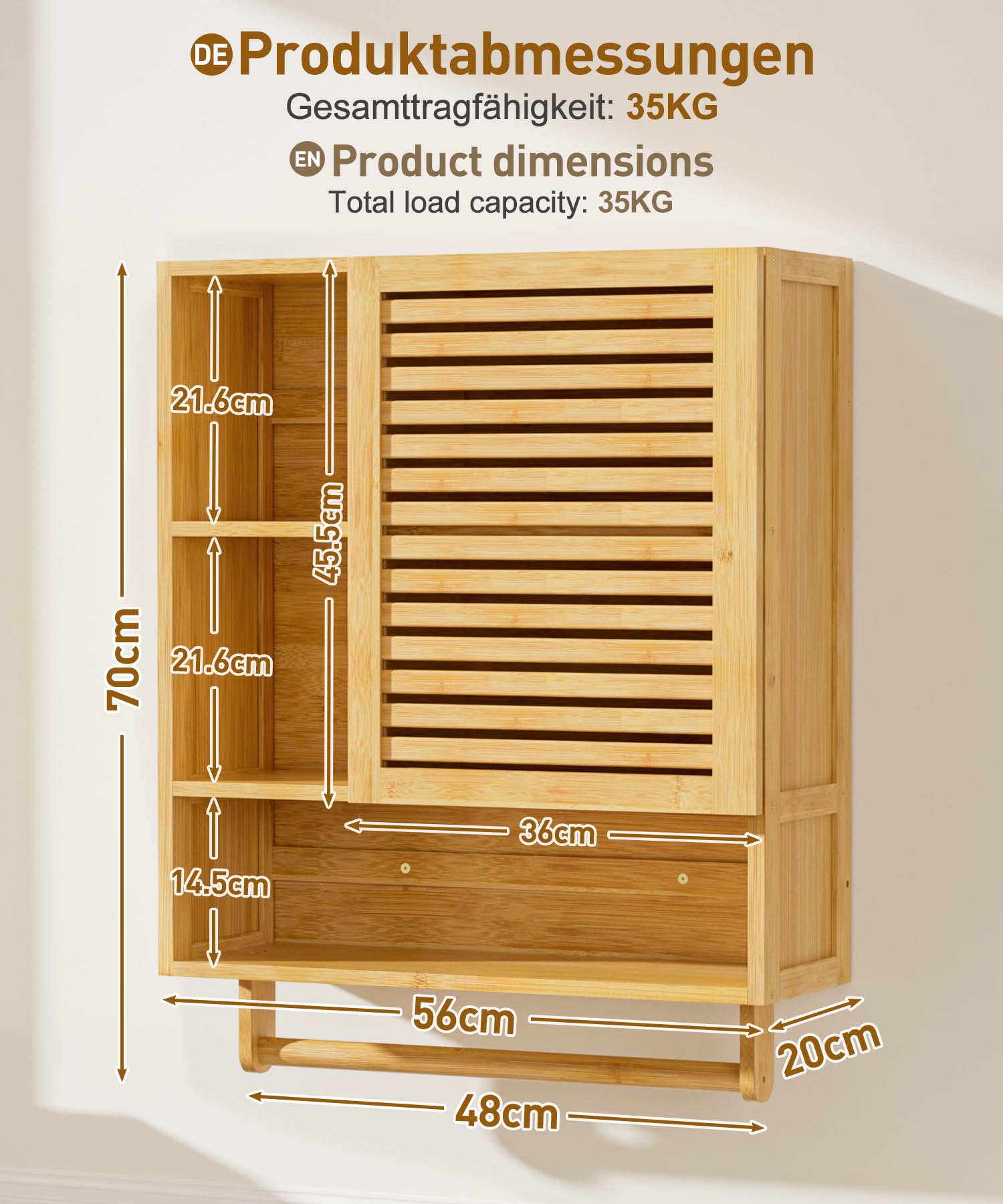 Yorbay Meuble Haut Salle de Bain, Meuble Mural en Bambou avec Porte-Serviettes et Compartiment Ouvert, Armoire Pharmacie à Une Porte pour Salle de Bain et Cuisine, 20 x 56 x 70 cm (Couleur Bambou)