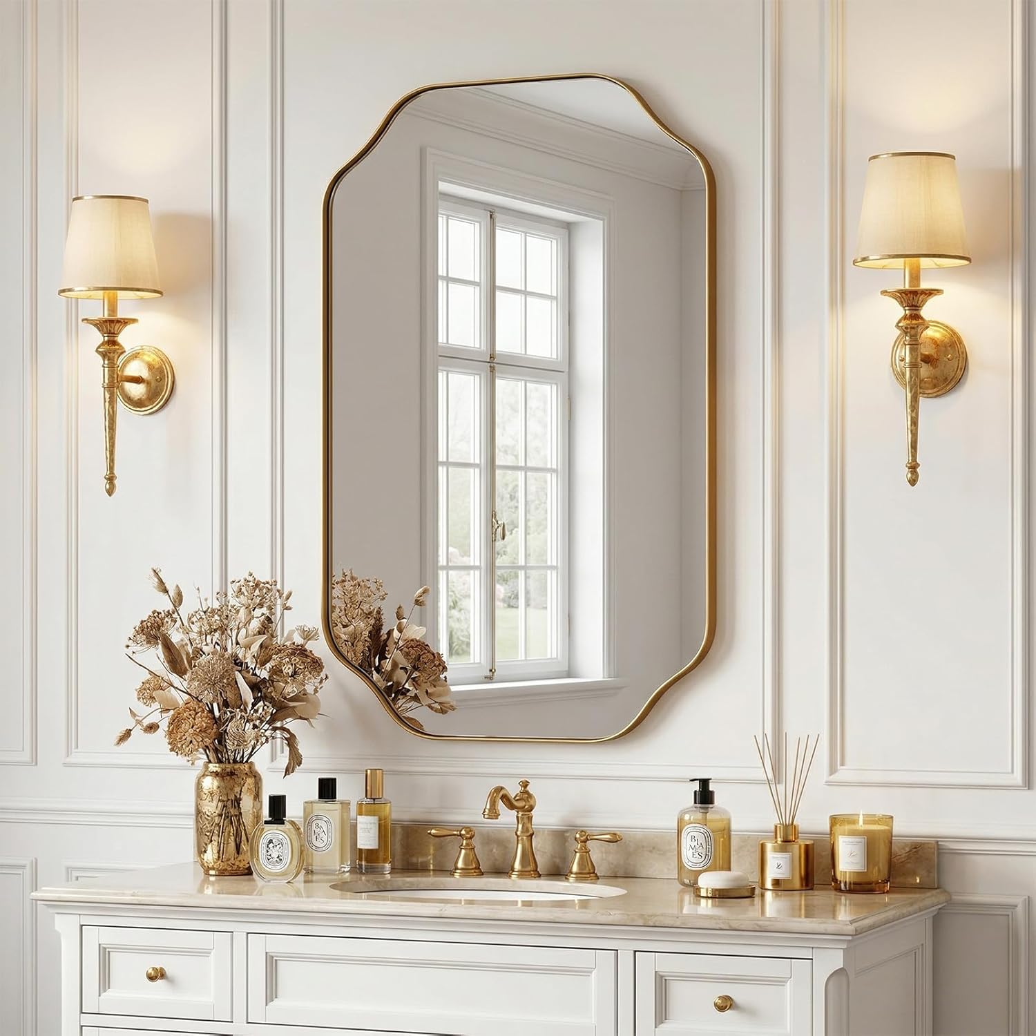 Brushed Gold Mirror, 24x36 Inch Bathroom Wall Asymmetrical Mirror, Irregular Vanity Mirrors with Stainless Steel Frame Modern Scalloped Round Corner 0.8" Deep Wall-Mounted Vertically/Horizontally