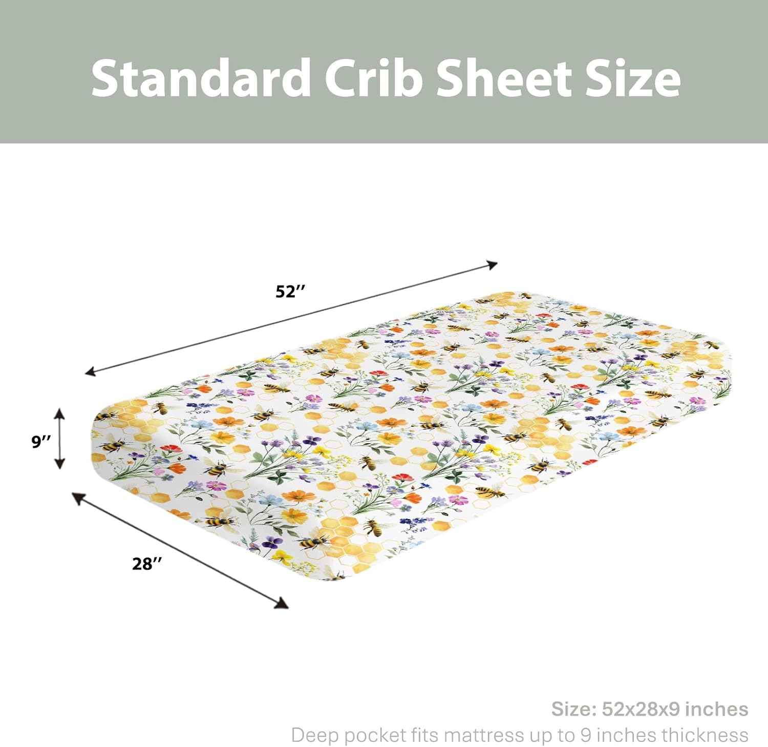 Boho Wildflower Bees Honeycomb Baby Crib Sheets for Boy Girl 52x28Inch Watercolor Honeybee Floral Soft Snug Fitted Crib Mattress Cover Summer Baby Sheet for Standard Crib and Toddler Bed Mattress