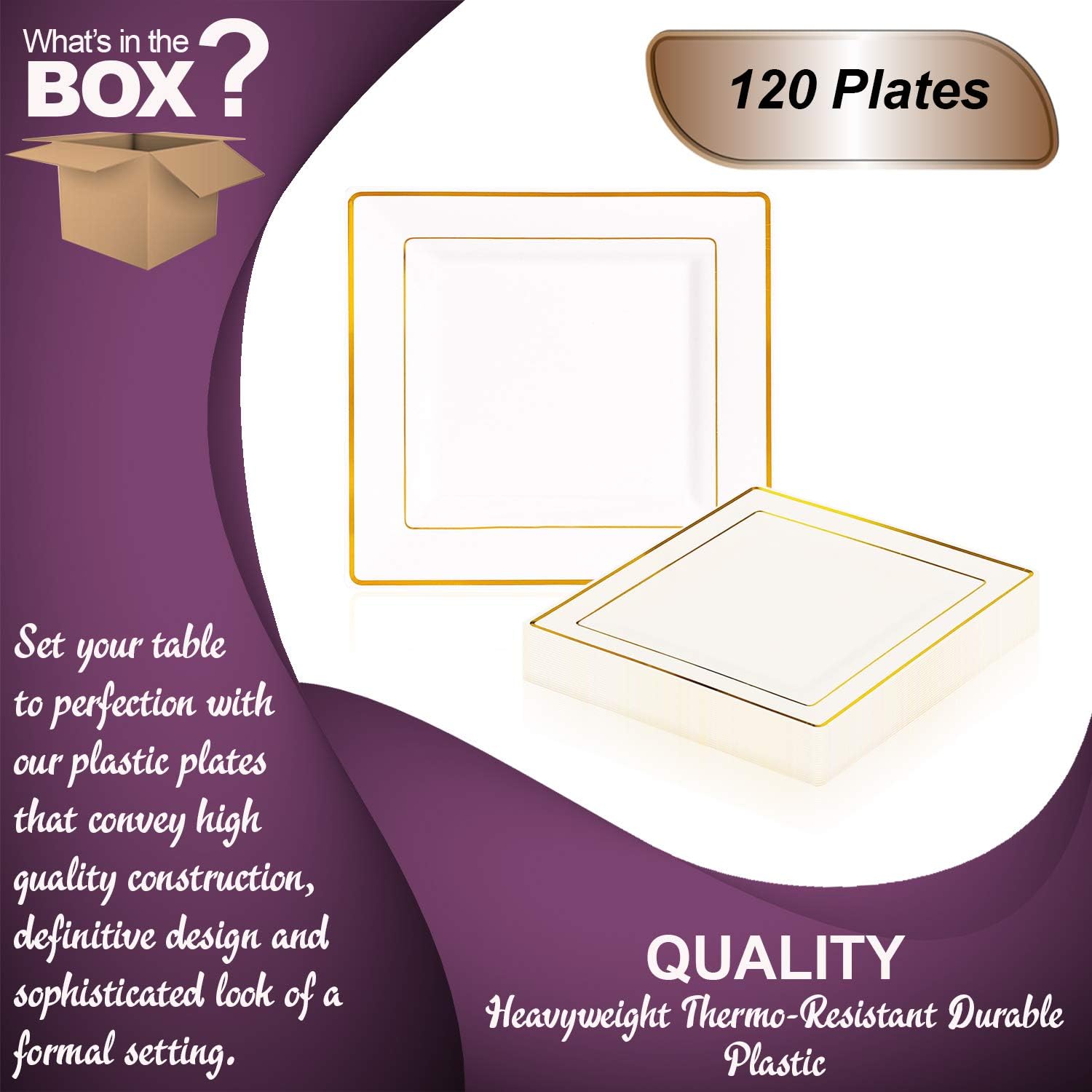 Elegant Disposable Plastic Dinner 120 Plates - Heavy Duty Fancy Square White with Gold Dinner Plates - Plastic Party Plates For All Occasions