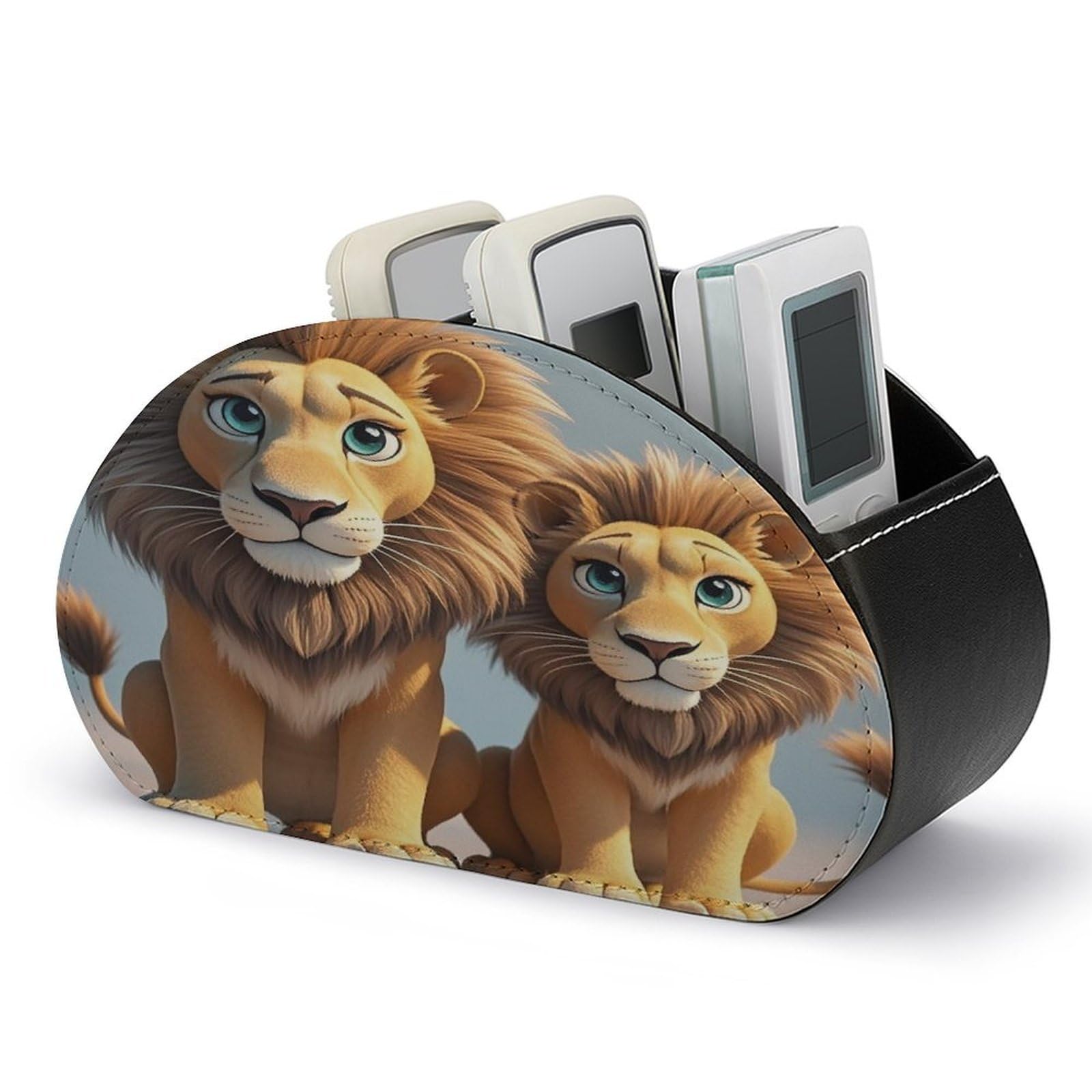 FekiLoot Two Lions TV Remote Control Holder with 5 Compartments Multi-functional Leather Bedside Table Remote Caddy Desktop Storage Box for Store Pen Controller Media Player Cosmetic