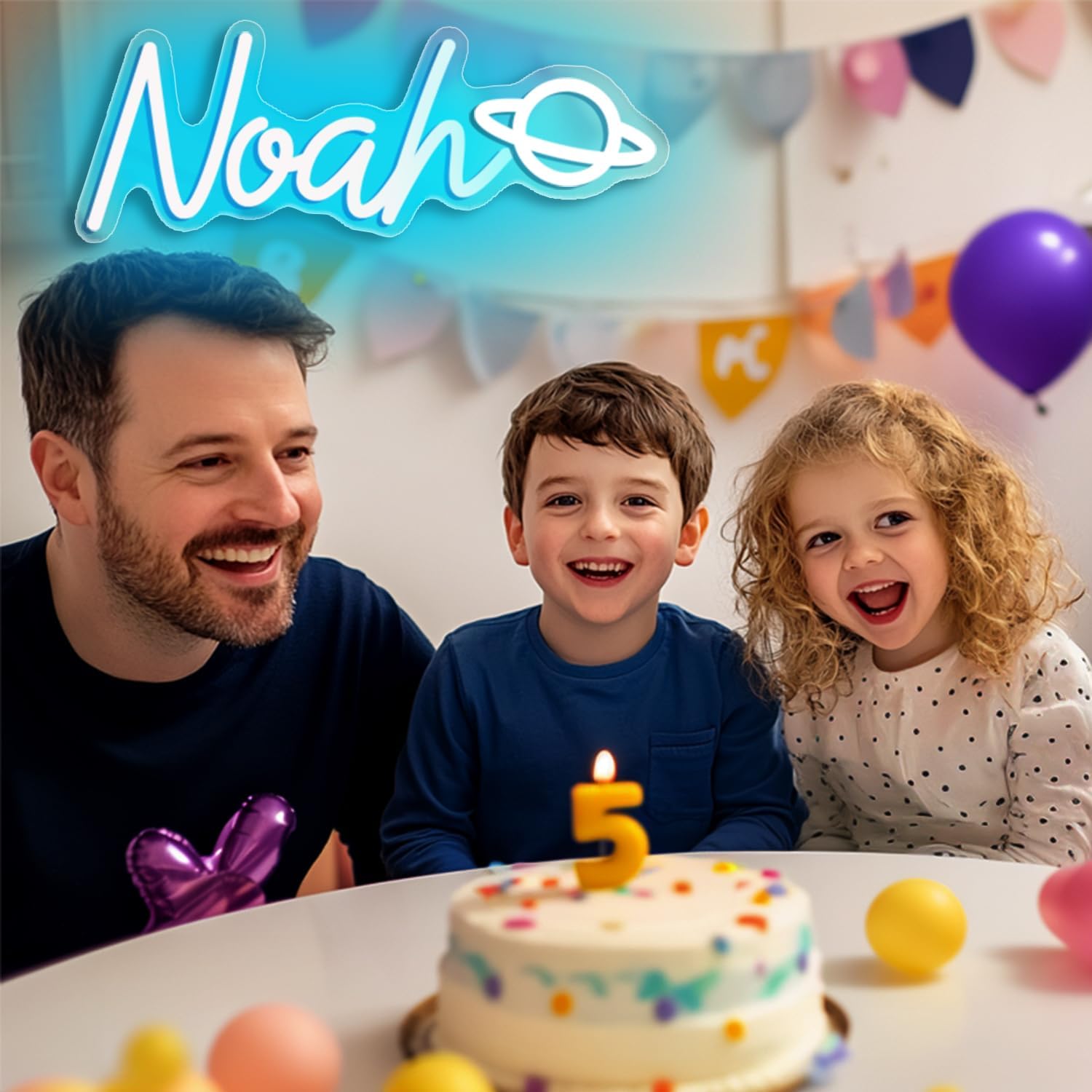 Noah Planet Name LED Neon Sign, Blue Name Decoration Dimmable Light for Bedroom, Kids Room, Living Room, Birthday Party Decoration, Neon Sign Gift, Birthday Name Decor for Boy, Size 14 * 5.4inches