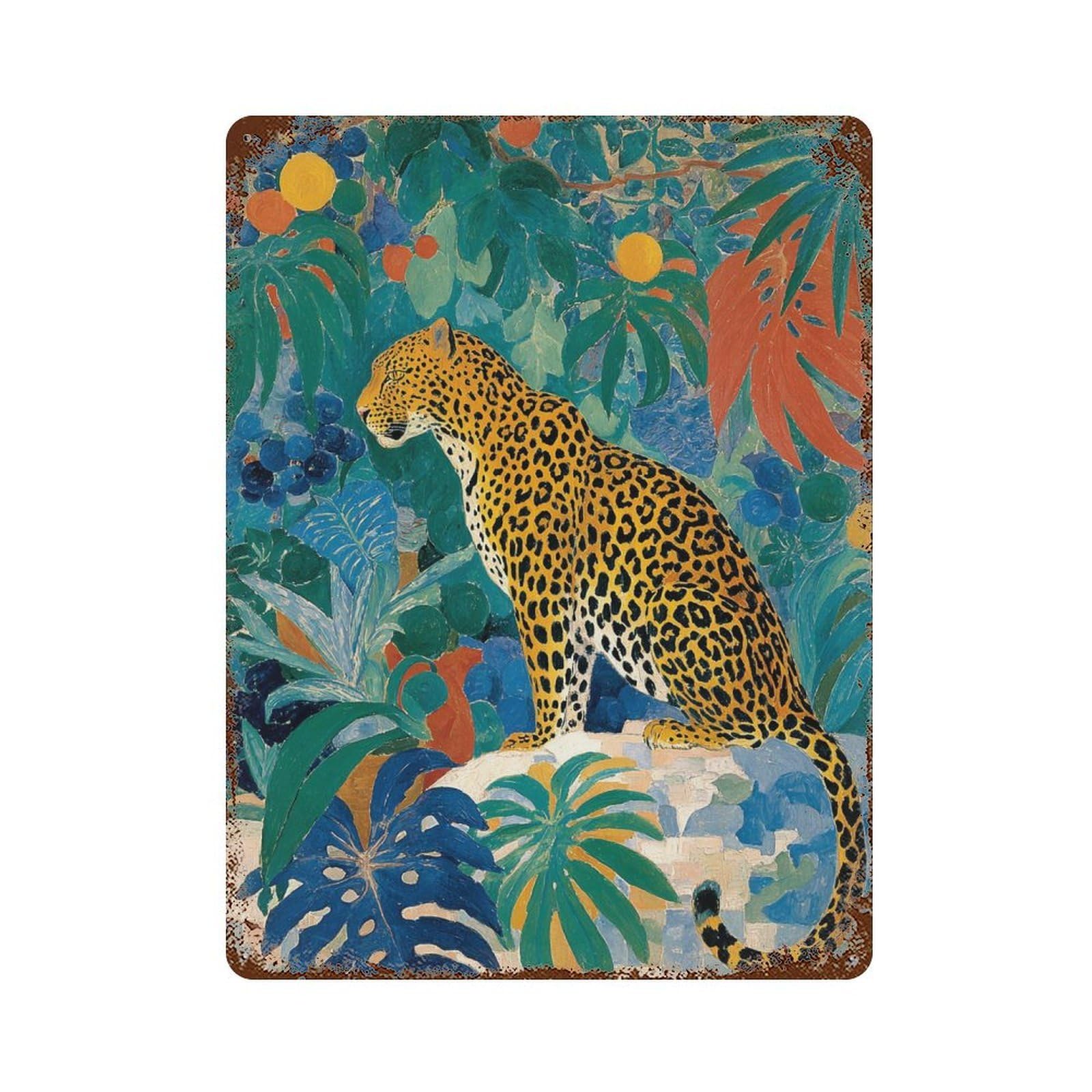 Rustic Tin Plaque with Jungle Leopard Painting Design 15.7"x11.8", for Pub, Kitchen And Man Cave Decor, Old School Wall Decor
