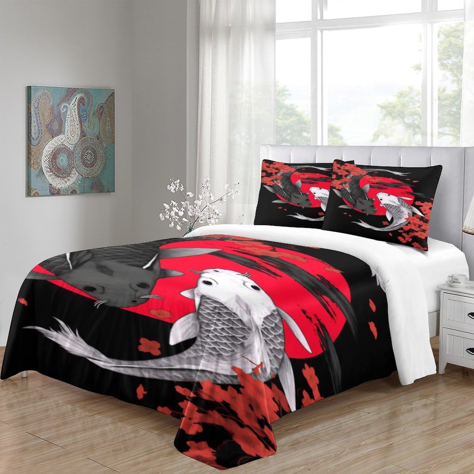 Koi Fisch Kunst 3-teiliges Reines Polyester Japanische Stil Illustration Bettbezugset, Versteckter Reißverschluss, Für Kleinkinder, Babysicher & Gifffrei, Pflegeleicht King（220x240cm）