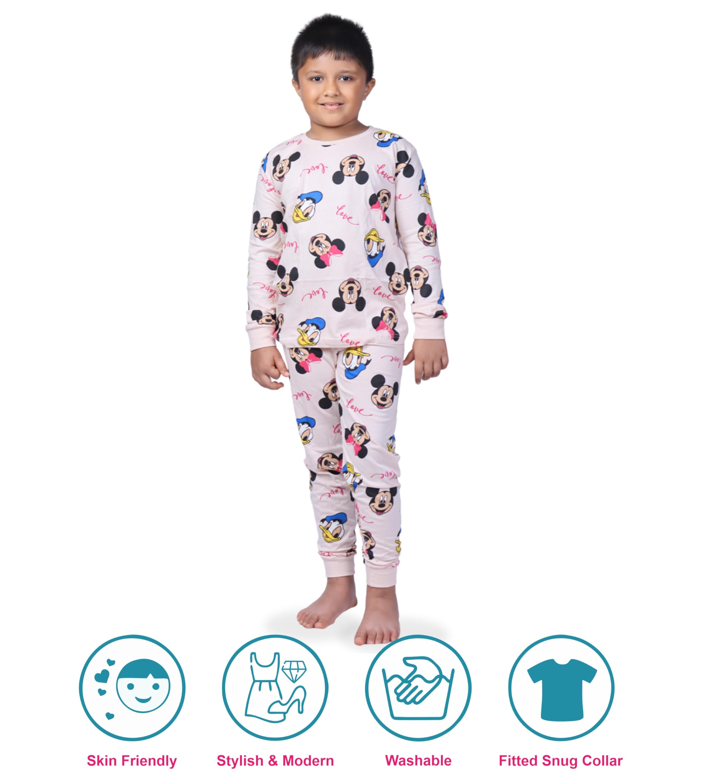 Hestia | Kids Boys Nightwear | Sleepwear | Cotton | Trouser Full Sleeves Tshirt | Elastic Waist | Night Dress with Pyjama Tshirts for Boys | Mickiy Minniee Printed | Peach Color 10-12Yrs |Set 1 - Image 2 thumbnail