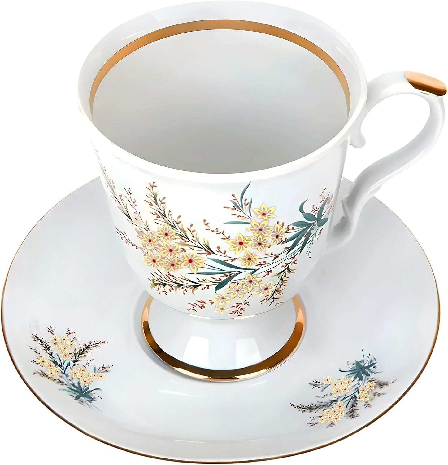 STP GOODS Porcelain Mug and Saucer Set 20.3 fl oz (600 ml) 24k Gold Porcelain Cup, Floral Tea Cup with Matching Saucer for One, Tea Coffee Set for 1 (Nina)