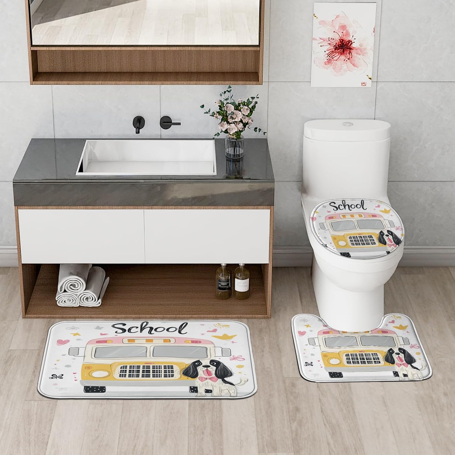 4PCS Cartoon Springer Spaniel Dog Bathroom Accessory Sets with Non-Slip Rug, U Shape and Toilet Lid Cover Mat, Kid School Bus Bathroom Fabric Decor-72''x72''