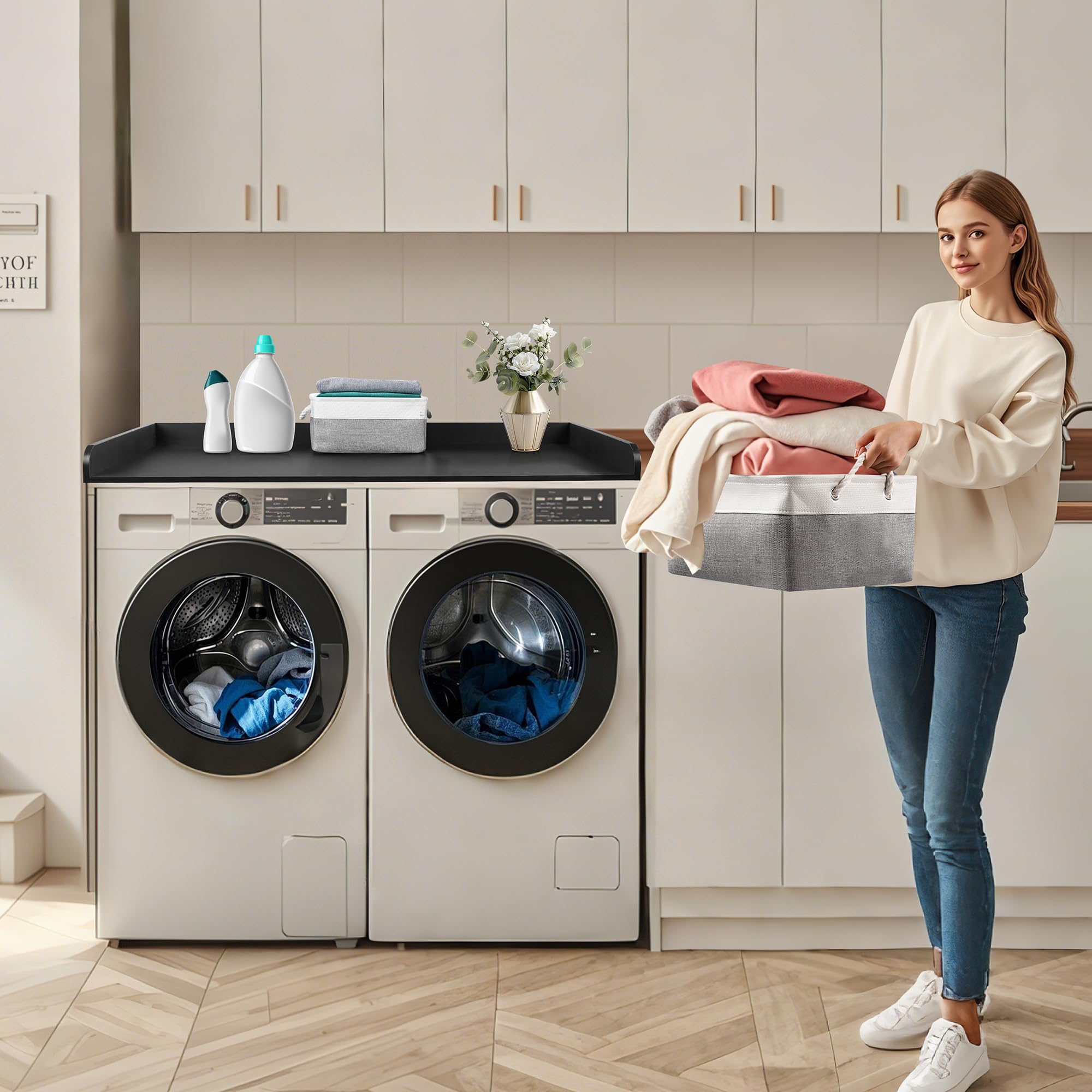 GLDZI Washer Dryer Countertop with 2 Pack Storage Baskets, Wood Washer and Dryer Countertop with Non-Slip Pads/Edge Rails for Laundry Room Storage and Organization, 27.5" W x 54" L(Black)