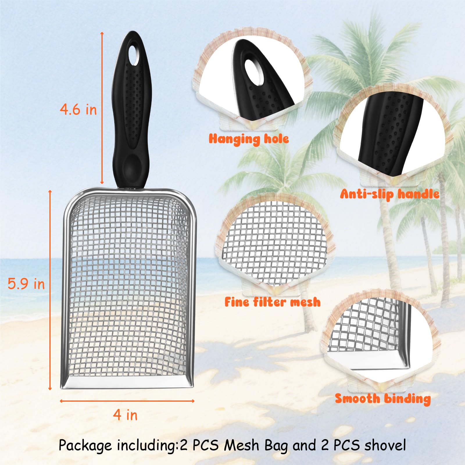 2 tamices de arena de malla de playa con 2 bolsas de playa de malla, tamiz de dientes de tiburón para recolección de conchas, herramientas de filtro de arena para niños y niñas