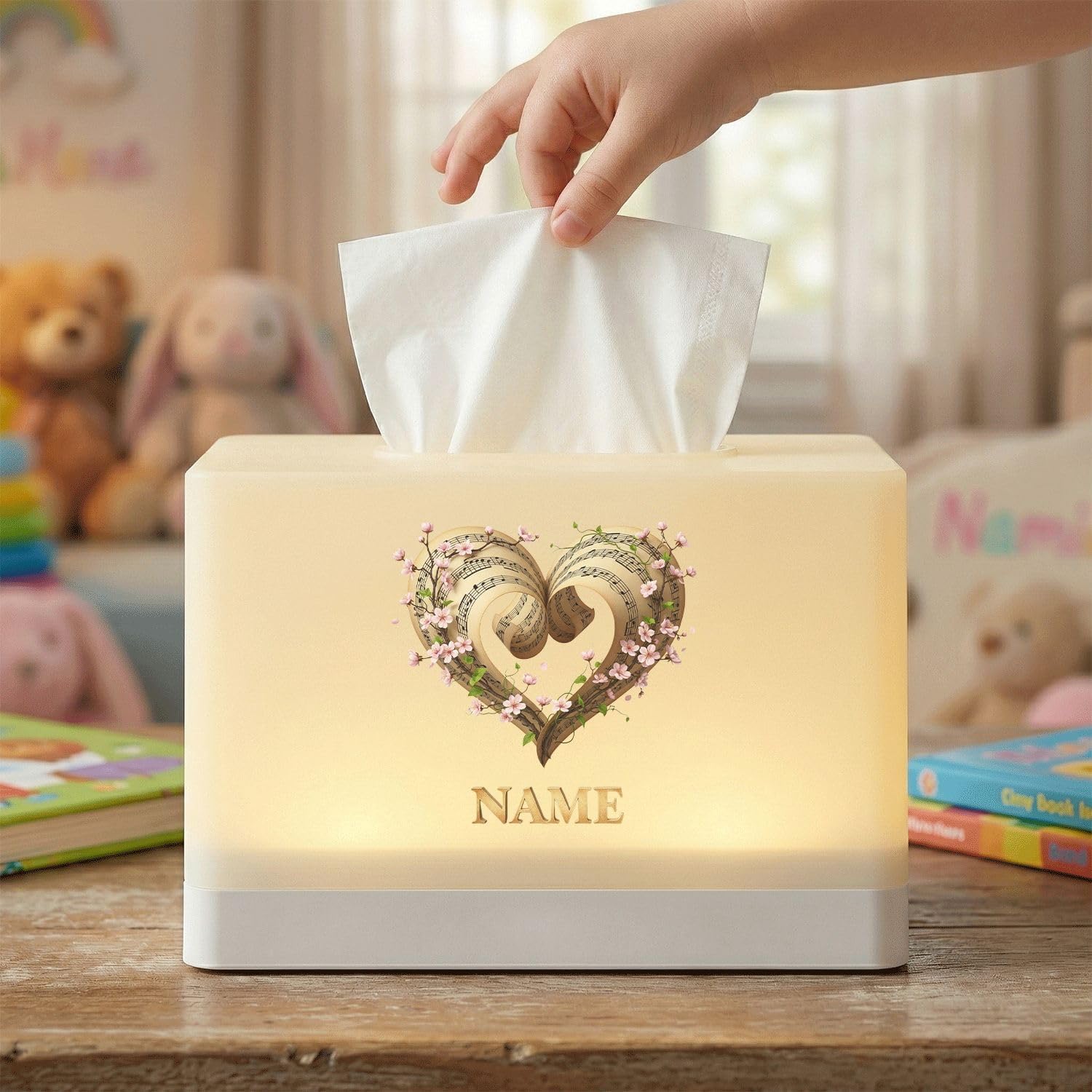 Personalized Tissue Box Cover with LED Night Light, Rechargeable Table Lamp with Music Note Heart Design, Custom Name for Bedroom, Nursery Decor image 5
