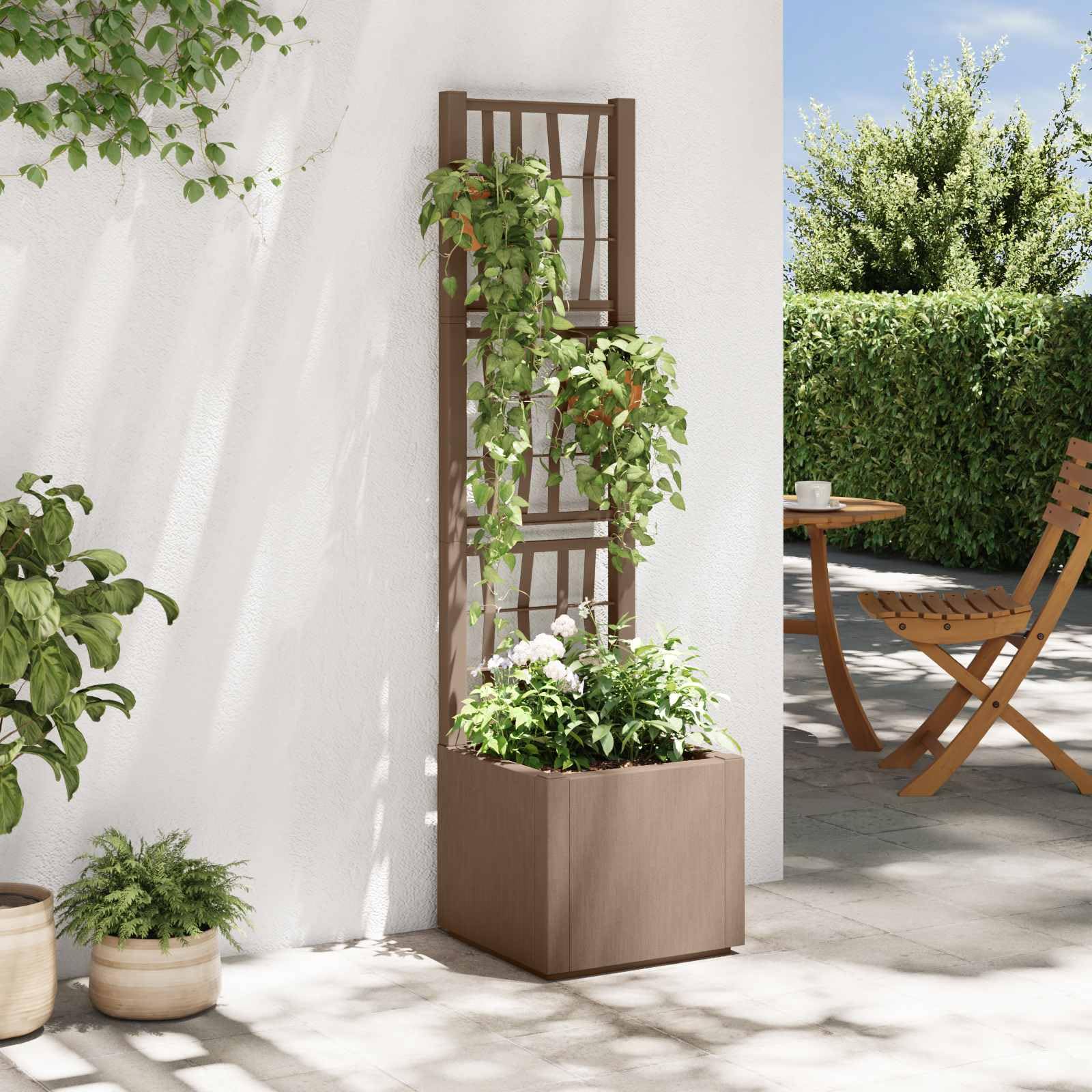 Maceta de jardín con enrejado marrón, 36 x 36 x 140 cm, maceta de plástico con ayuda para plantas trepadoras, jardinera de 38 L con enrejado para terraza, balcón y jardín