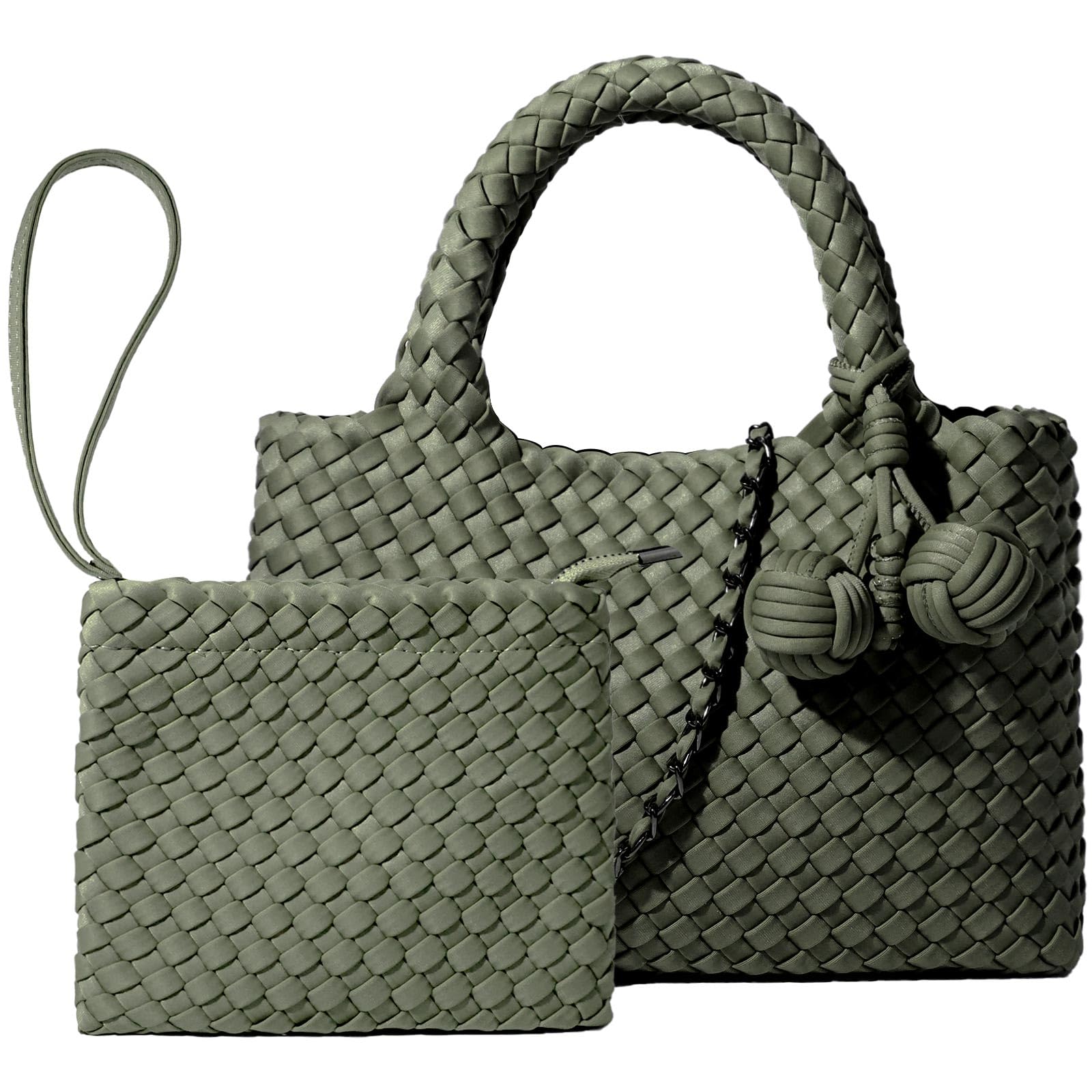 Woven Tote Bag for Women with Coin Purse, Foldable Chain Small Crossbody Handbags, Fashion Shoulder Bag, Hobo Satchel Haze Green
