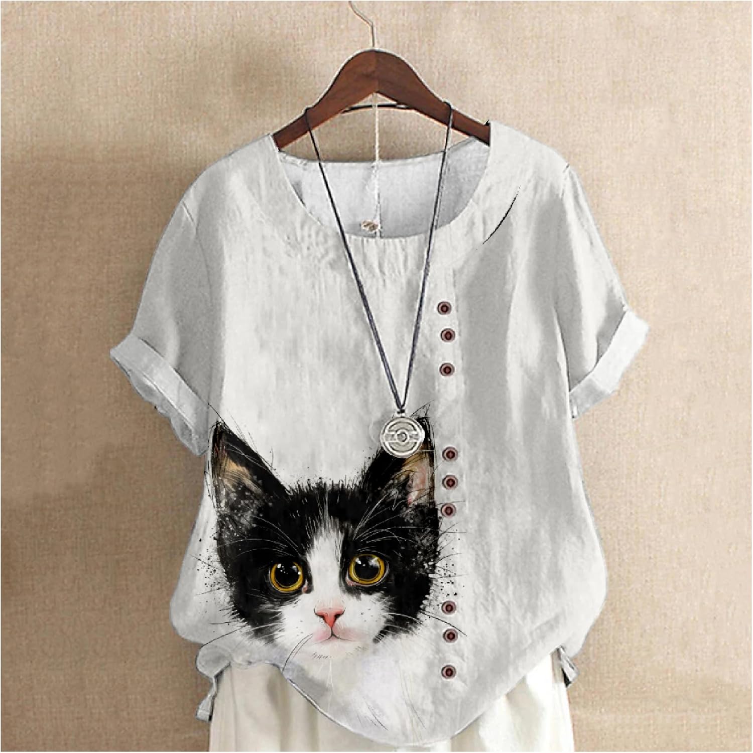 Cat Shirts for Women Loose Fit Short Sleeve Crewneck 2024 Summer Beach Boho Hide Belly Vintage Dressy Tops - Image 2