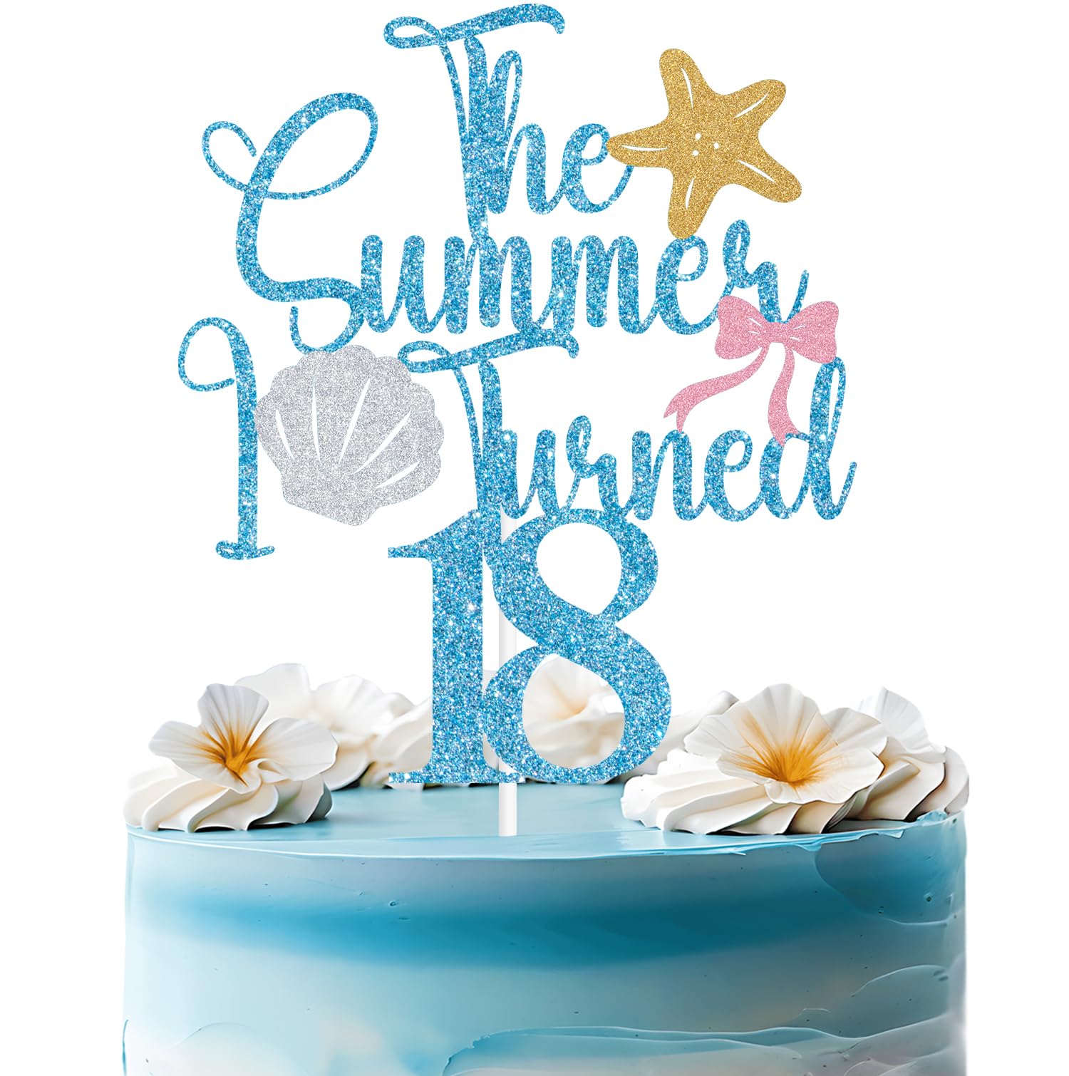 Baby Blue Glitter the Summer I Turned 18 Cake Topper, Hawaiian Summer Tropical Birthday Decor, Shell Starfish Themed 18th Birthday Party Decorations Supplies