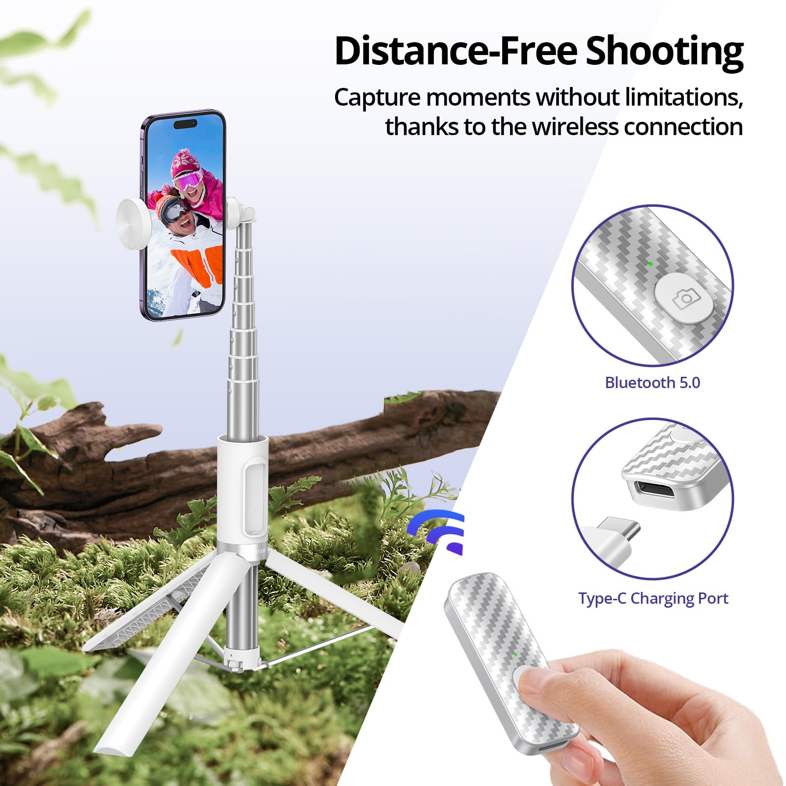ATUMTEK Kijek do selfie, statyw 174 cm, kijek do selfie z pilotem zdalnego sterowania Bluetooth, kompatybilny ze smartfonami iPhone i Android, idealny do podróży, vlogów, filmów i zdjęć, biały