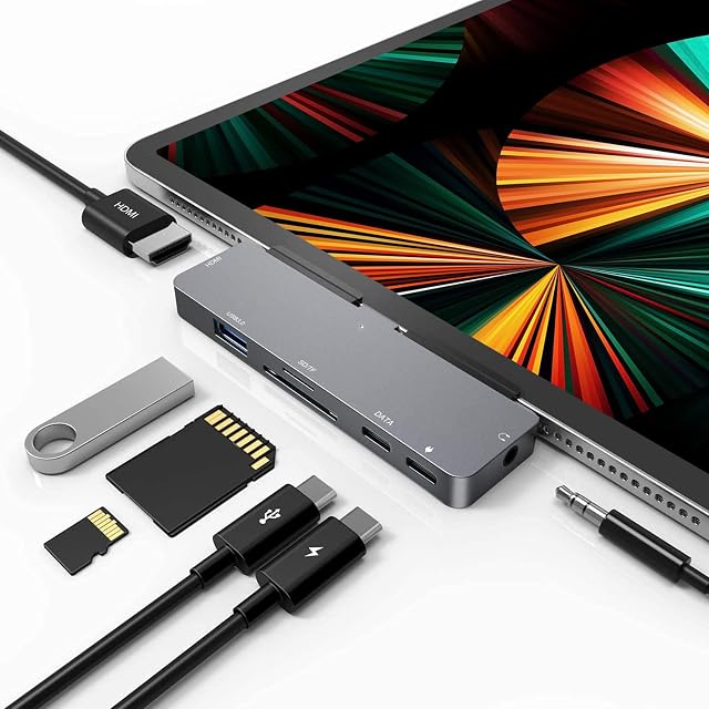 USB C Hub for iPad Pro 2018/2020/2021 11"12.9",iPad Air 4,RREAKA 7-in-1 USB C to 4K HDMI Adapter,3.5mm Headphone Jack,USB C PD Charging,USB 3.0,SD/Micro Card ReaderCompatible with MacBook Pro