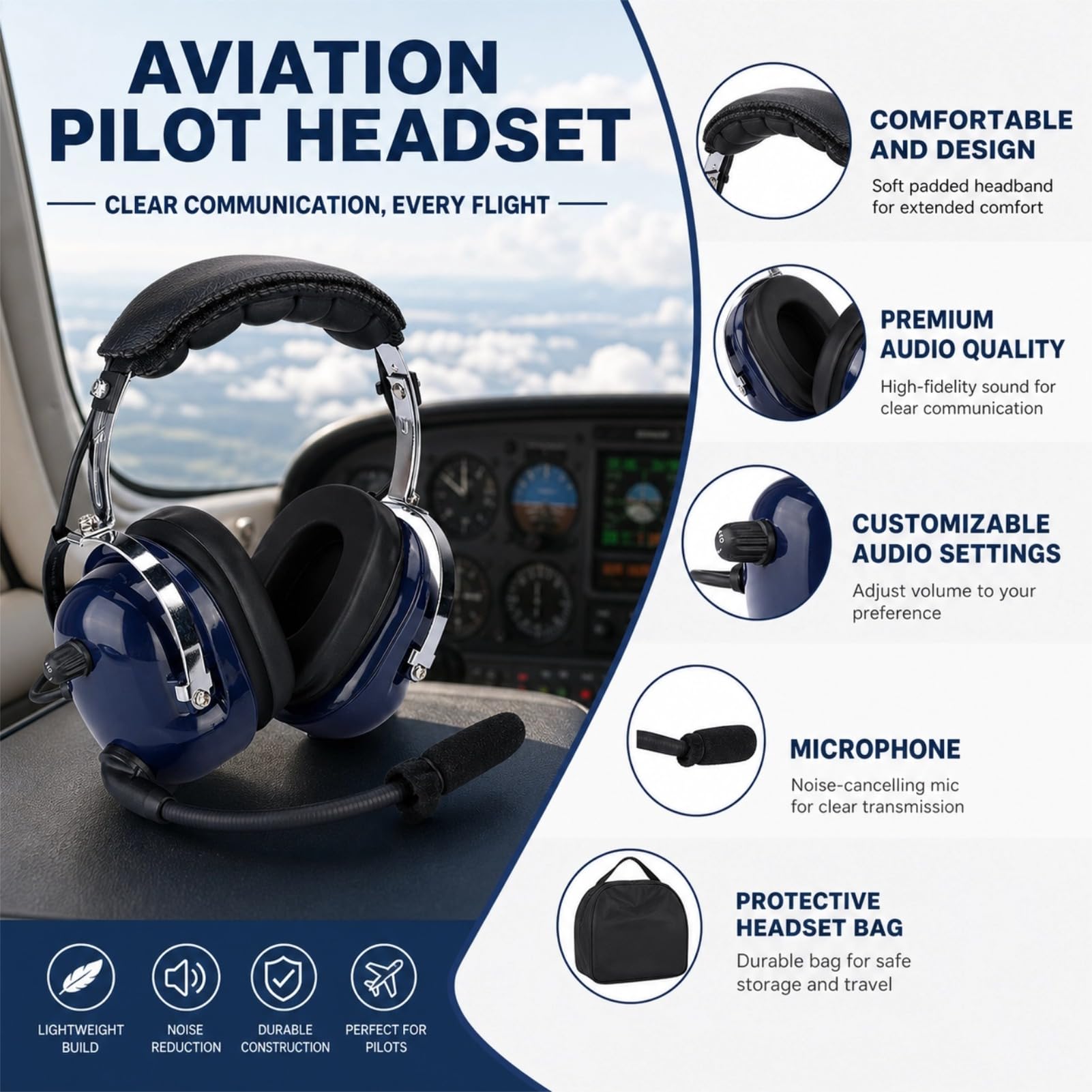 Luftfahrt-Headset für Piloten der Allgemeinen Luftfahrt mit 24-Dezibel-Rauschunterdrückung, Klare Stimme und Reibungslose Kommunikation